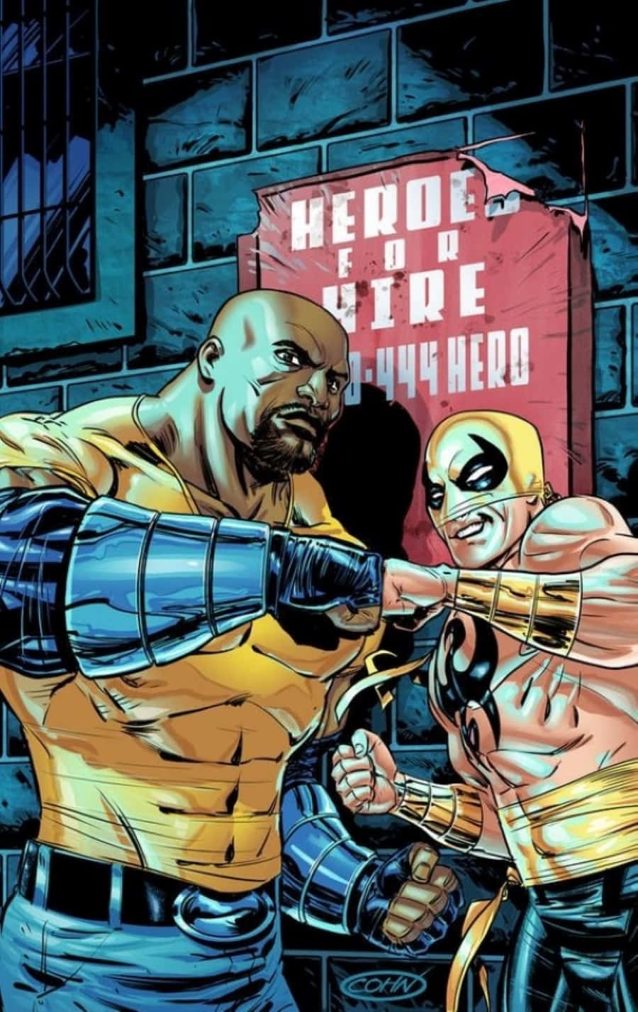 Heroes For Hire 桌布 壁紙 — 兩位肌肉發達的漫畫英雄在「Heroes for Hire」標誌下的骯髒城市小巷中對決。