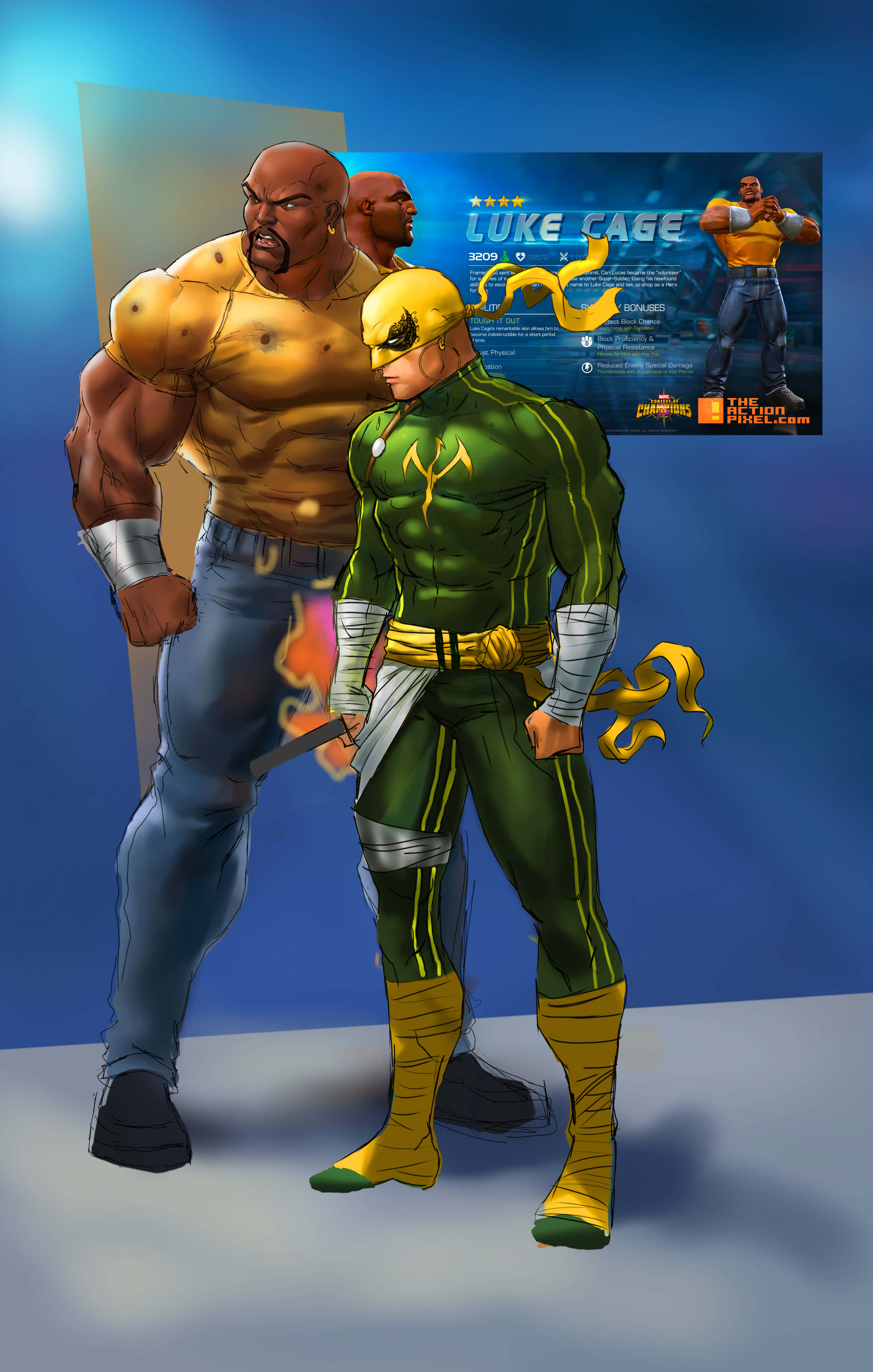 Heroes For Hire 桌布 壁紙 — 兩位肌肉發達的漫畫英雄自信地站在一個風格化的藍色攝影棚中，身後有一張角色海報。