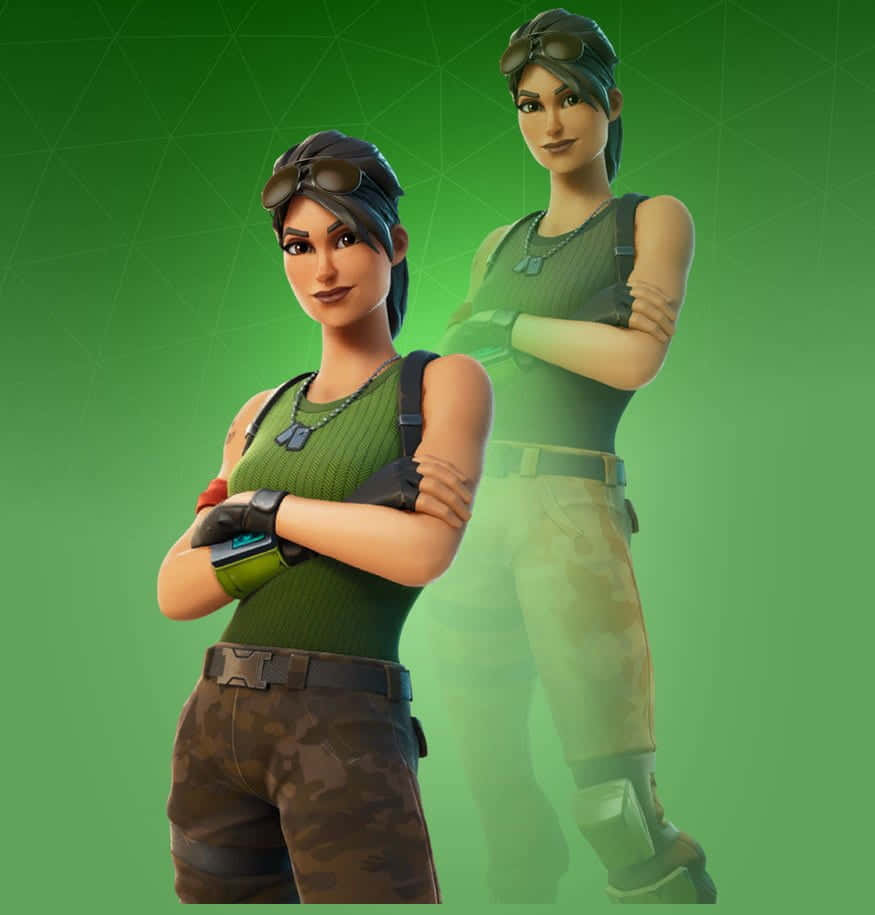 Ramirez Fortnite 桌布 壁紙 — 兩位自信嘅女性Fortnite角色穿著綠色戰術裝備，交叉雙臂企喺發光綠色幾何背景前面。