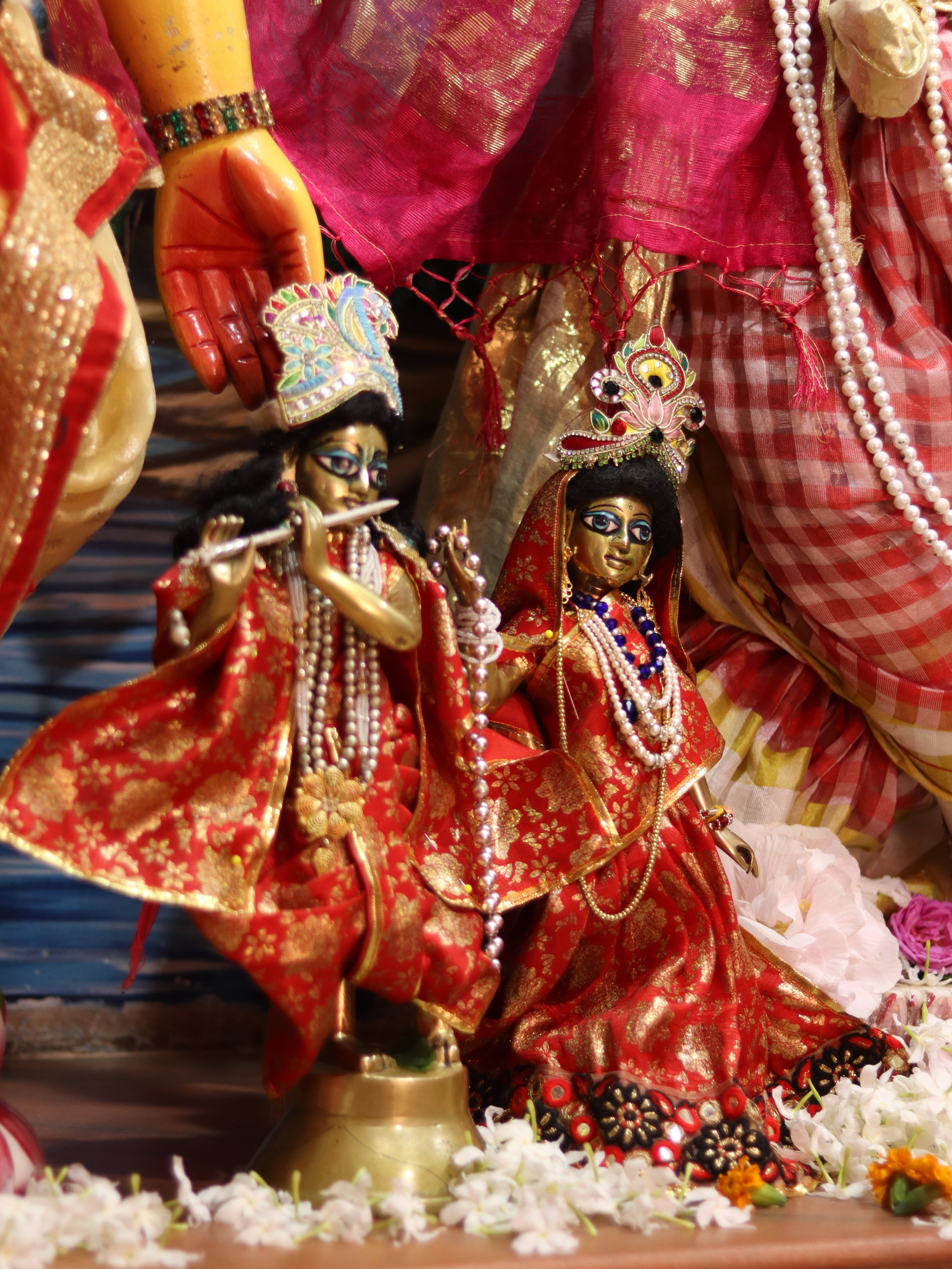 krishna bhagwan 桌布 壁紙 — 兩位華麗的印度教神祇身穿紅金服飾，飾有珠寶和鮮花，優雅地坐在裝飾過的祭壇上。