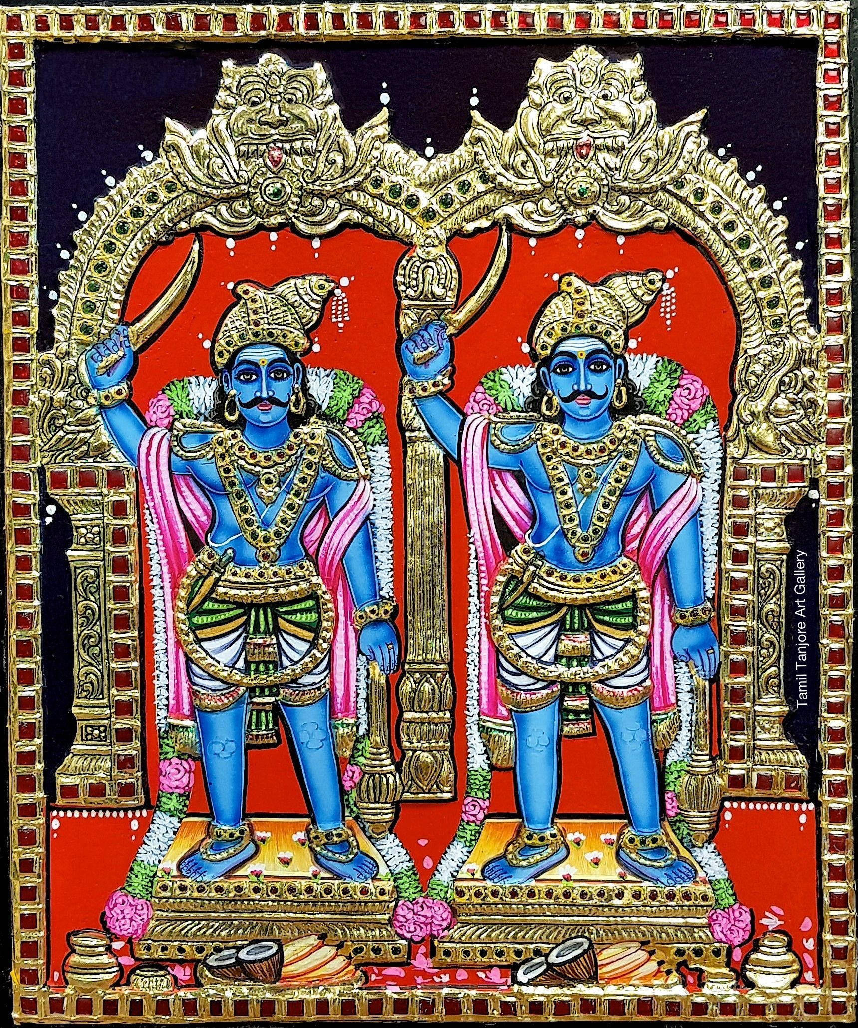Hindu God 桌布 壁紙 — 兩位藍皮膚的印度教神祇對稱地站在華麗的金色拱門下，拱門飾有花環和寶石，背景是鮮豔的紅色。