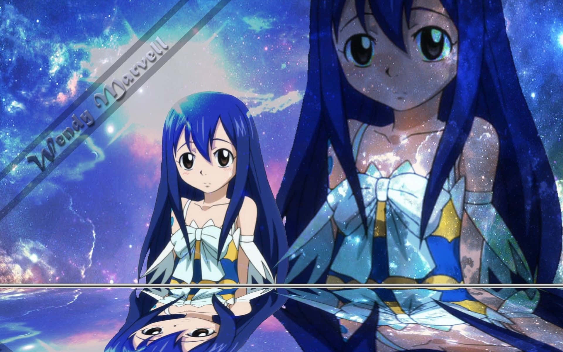 Wendy Marvell 桌布 壁紙 — 兩位藍髮、身穿星裙的動漫少女站在宇宙銀河背景前，下方有反射水面的場景。