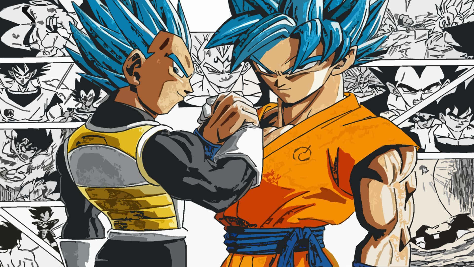 Vegeta And Goku 桌布 壁紙 — 兩位藍髮動漫戰士在黑白漫畫面板背景下，以緊張的對峙鎖住拳頭。