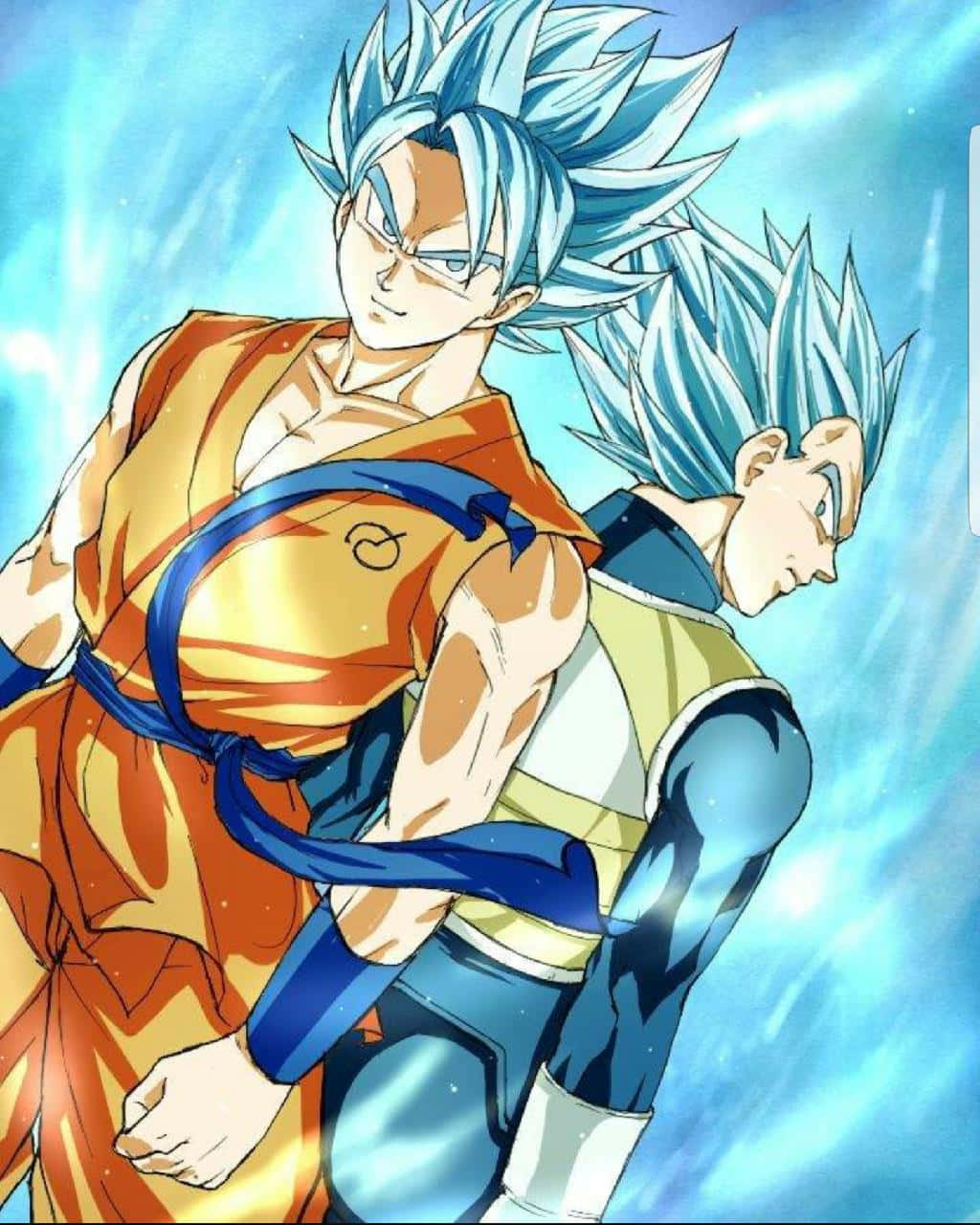 Vegeta And Goku 桌布 壁紙 — 兩位藍髮動漫戰士身穿橙色和藍色戰鬥裝備，在發光的藍色能量背景下動態站立。
