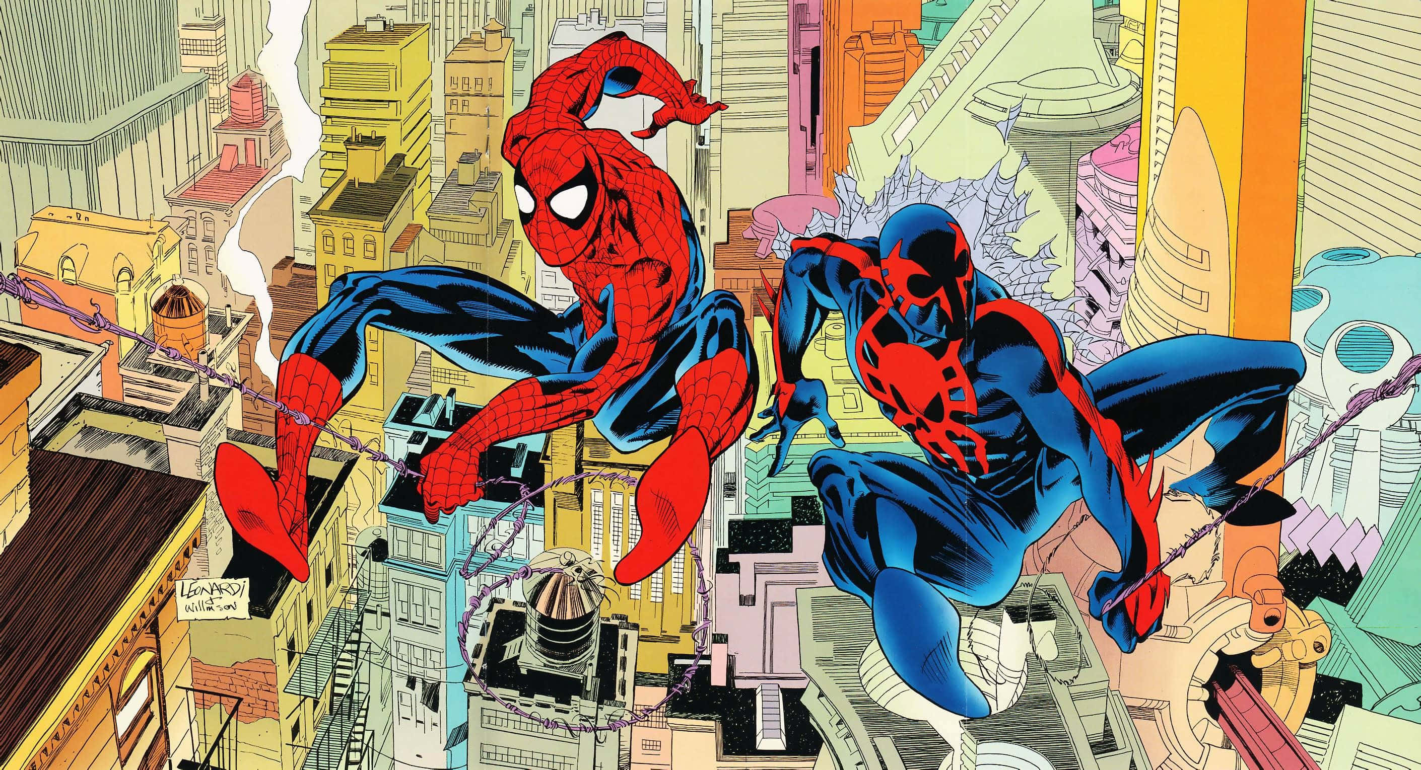 Spider Man 2099 桌布 壁紙 — 兩位蜘蛛俠英雄在充滿風格化建築物的色彩繽紛卡通城市景觀中動態擺盪。