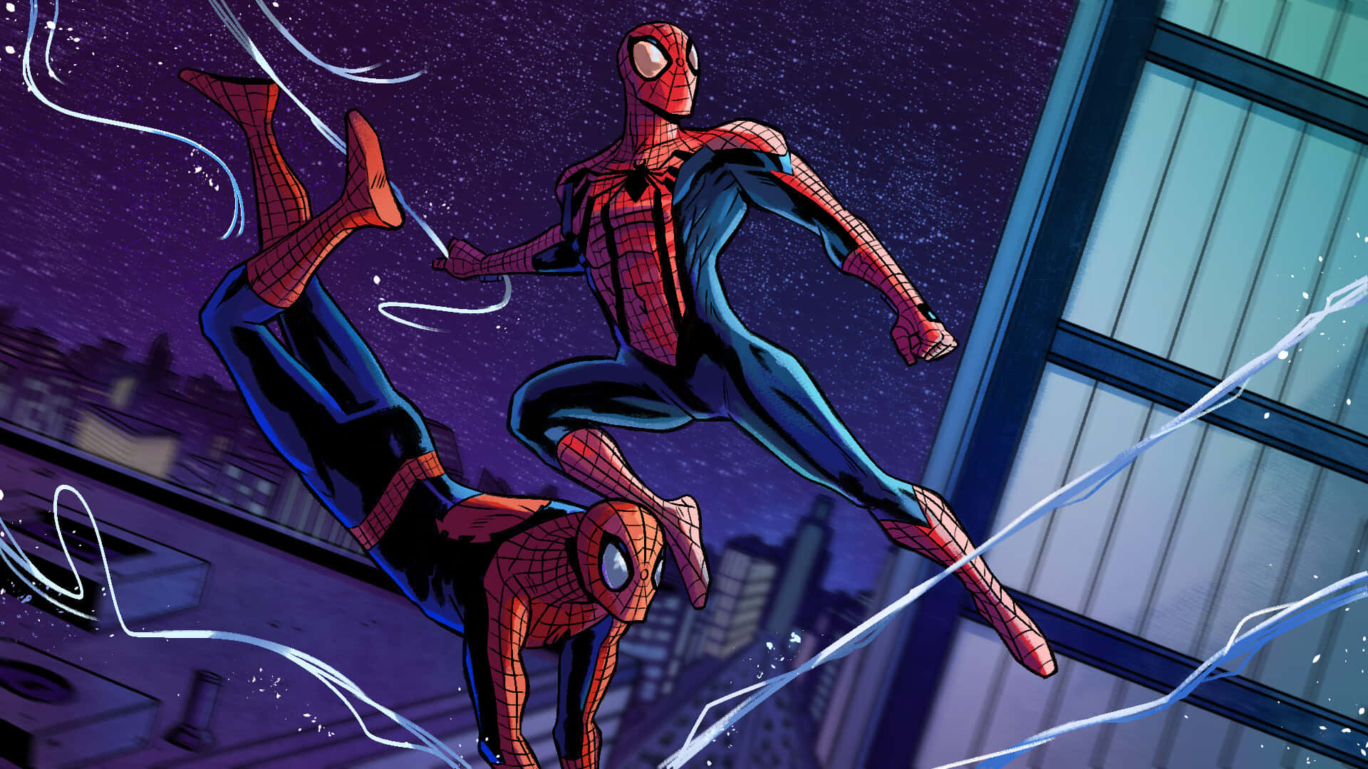 Spider-man Web Slinging 桌布 壁紙 — 兩位蜘蛛俠英雄在星光燦爛的夜晚城市景觀中，利用蛛絲線在發光的摩天大樓間擺盪。