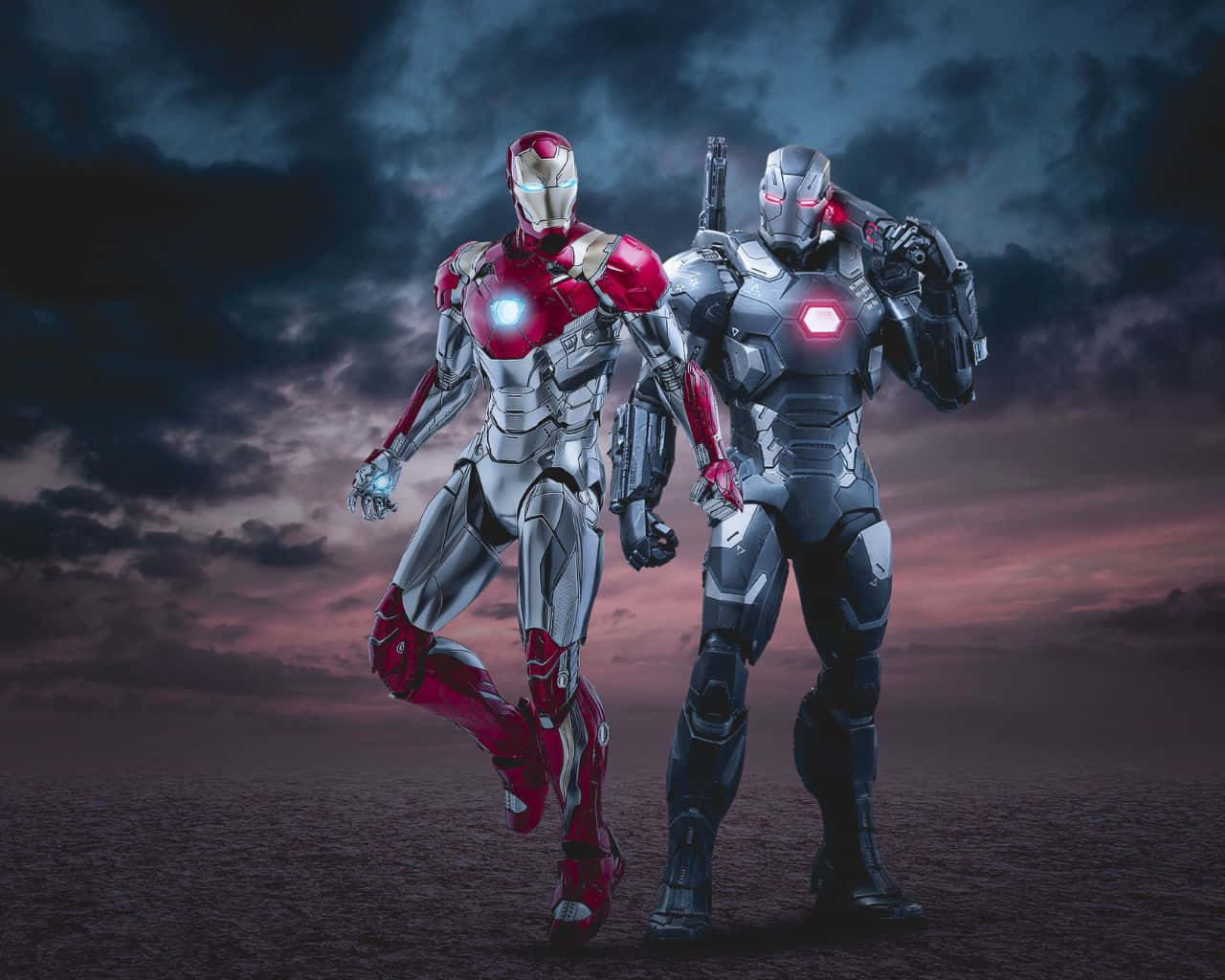 Iron Man Vs Iron Monger 桌布 壁紙 — 兩位裝甲超級英雄並肩站立，背景是戲劇性的暮色天空，胸口反應爐發光。