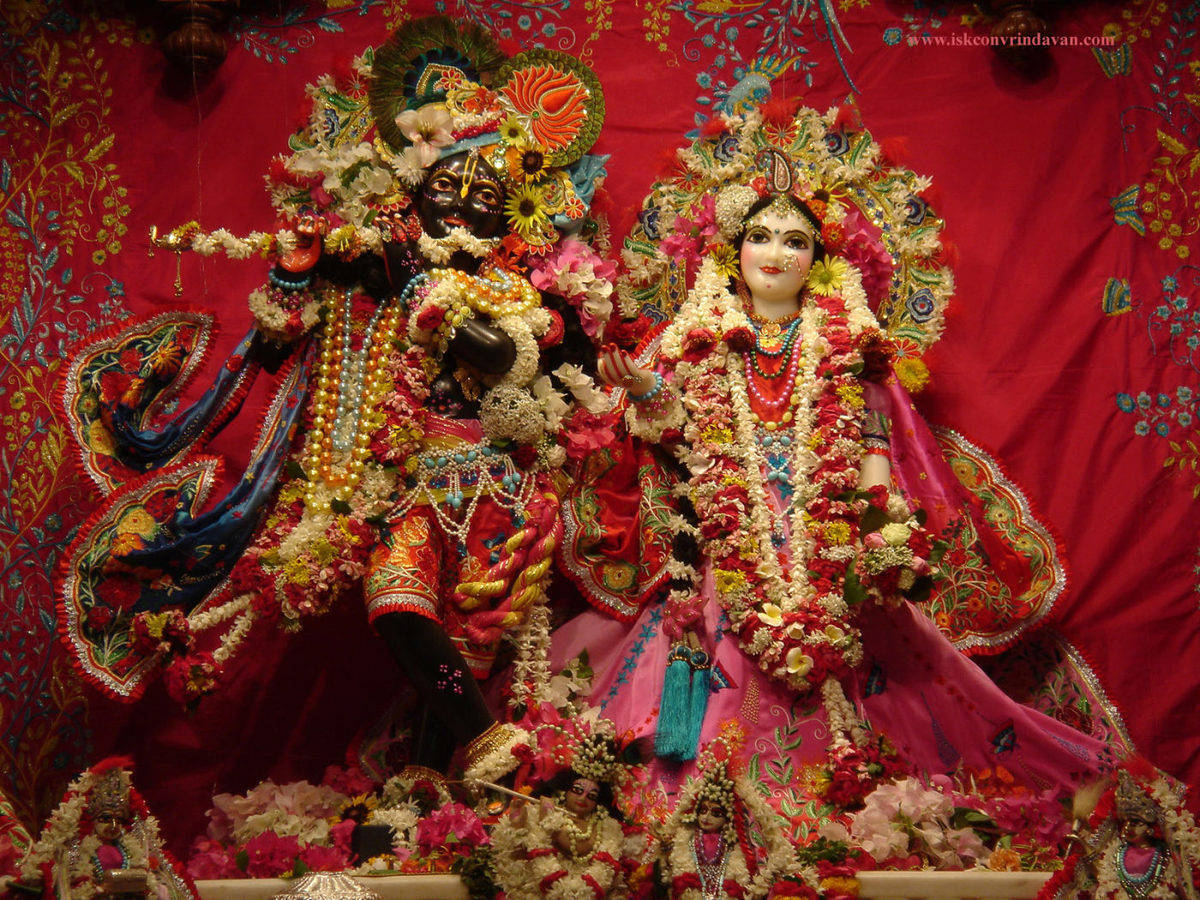 Iskcon 桌布 壁紙 — 兩位裝飾華麗的印度教神祇端坐在花卉寶座上，背景是華麗的紅色刺繡布幕。