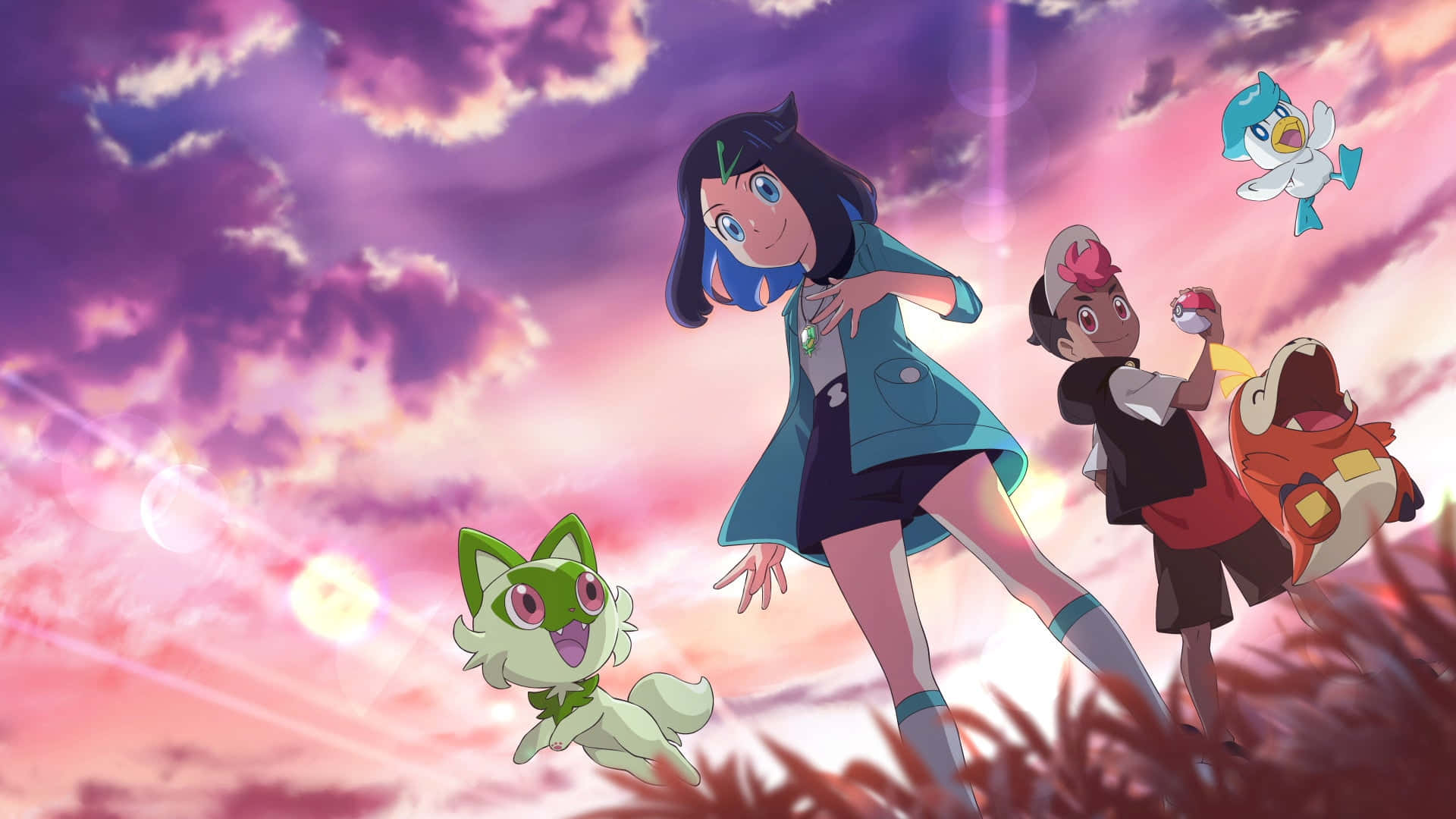 Pokemon Movies 桌布 壁紙 — 兩位訓練家與他們的寶可夢在充滿發光雲朵和漂浮生物的鮮豔日落天空中歡樂跳躍。