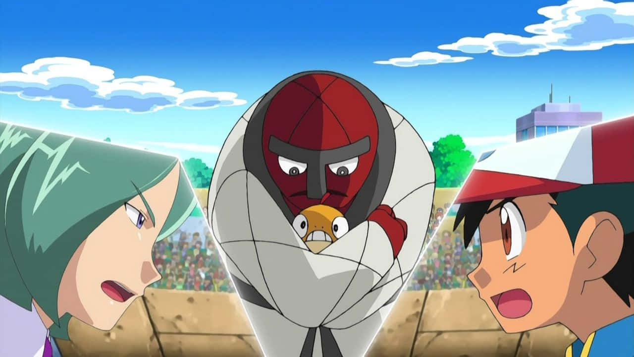 Pokemon Landscape 桌布 壁紙 — 兩位訓練家面對一隻被包裹著的寶可夢，牠戴著兇猛的紅色面具，還有一隻黃色小鳥探出頭來。