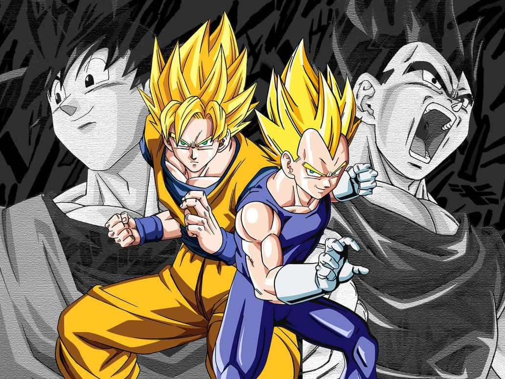Vegeta And Goku 桌布 壁紙 — 兩位超級撒亞人戰士以動態戰鬥姿態，帶著強烈表情，在單色背景前。