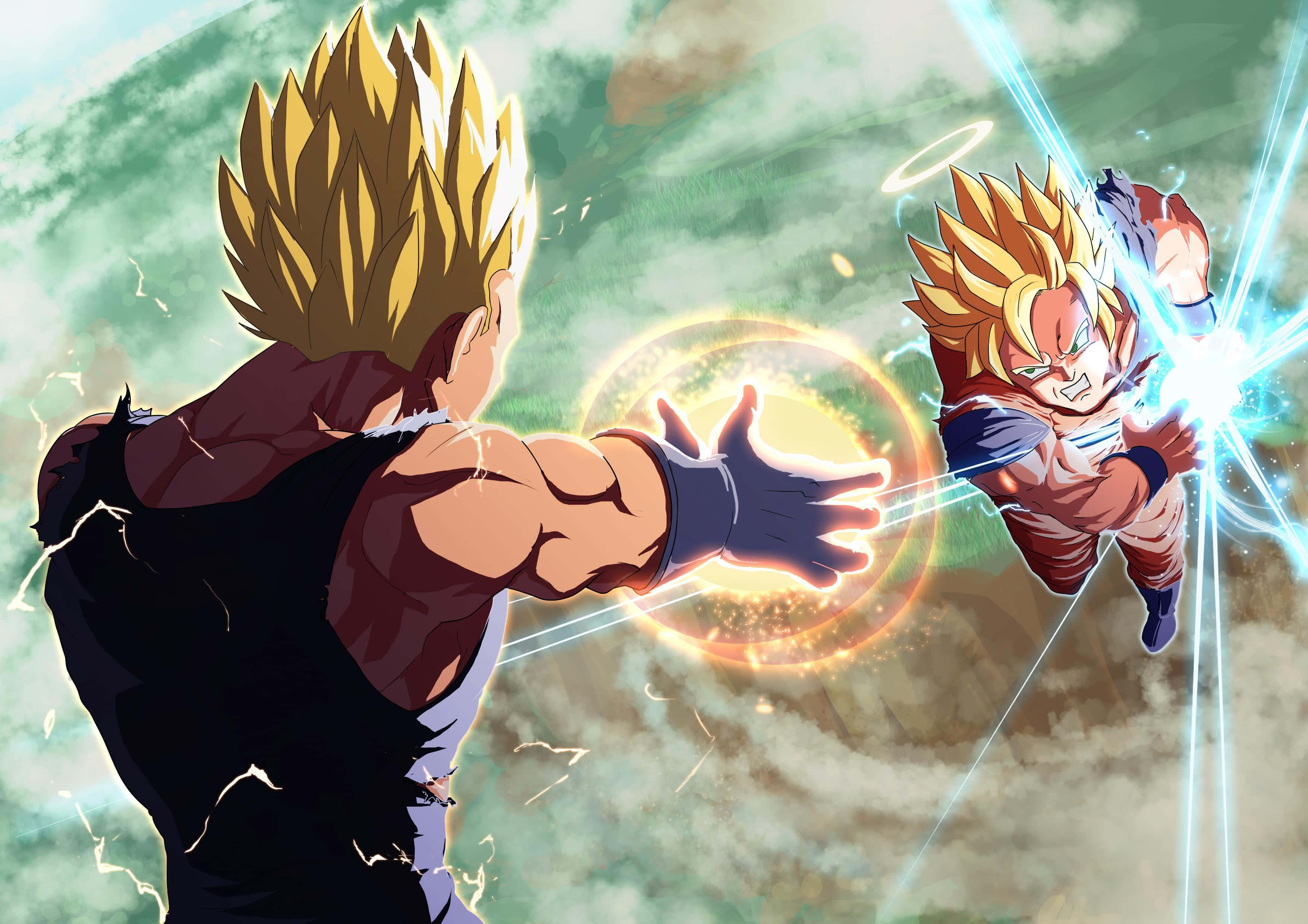 Dragon Ball Legends 桌布 壁紙 — 兩位超級撒亞人戰士在半空中碰撞，發出發光的能量爆炸，背景是暴風雨的天空。