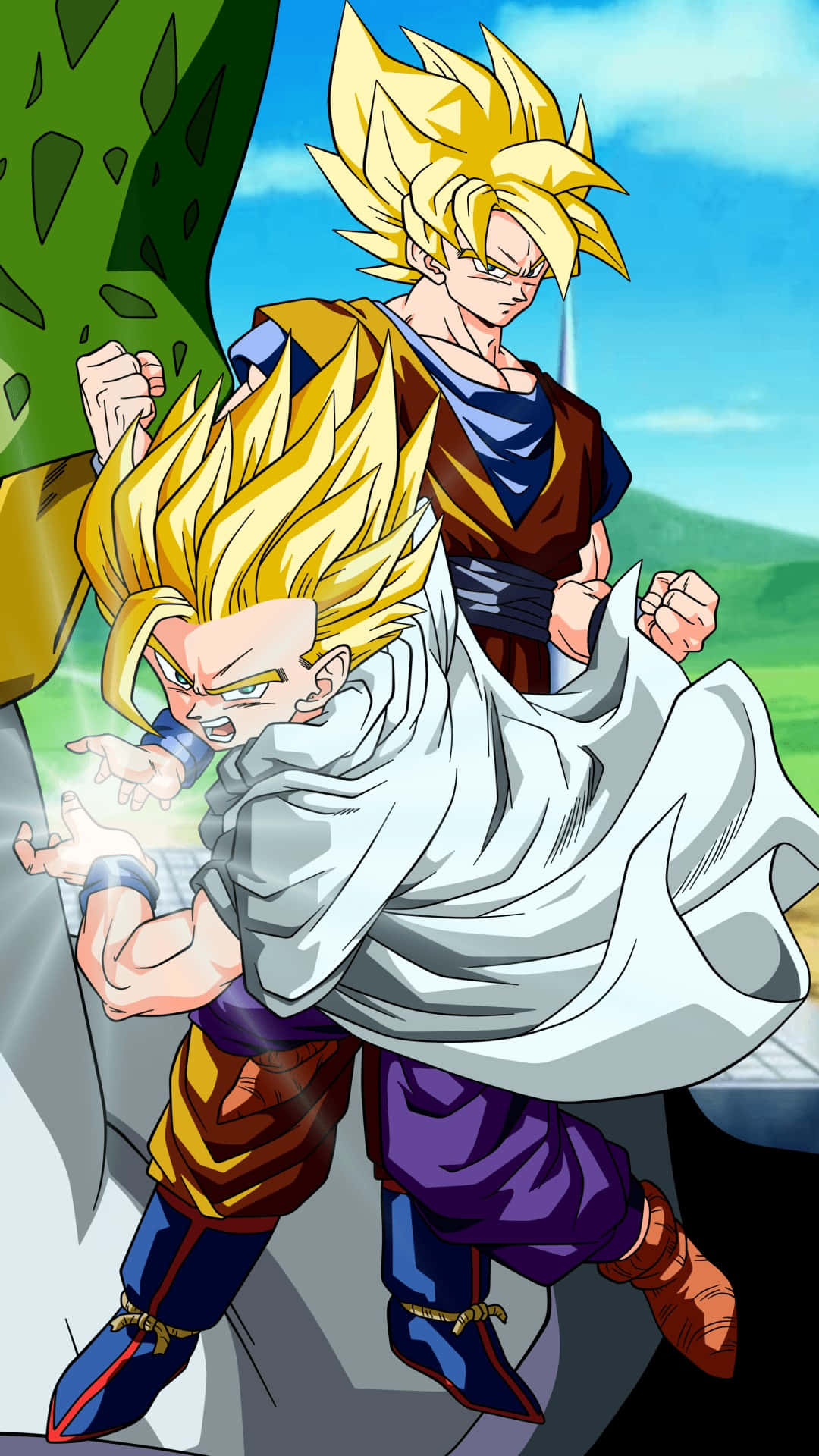 Dragon Ball iPhone 桌布 壁紙 — 兩位超級撒亞人戰士在半空中碰撞，發出閃爍的能量拳，背景是明亮的藍天和綠色的山丘。