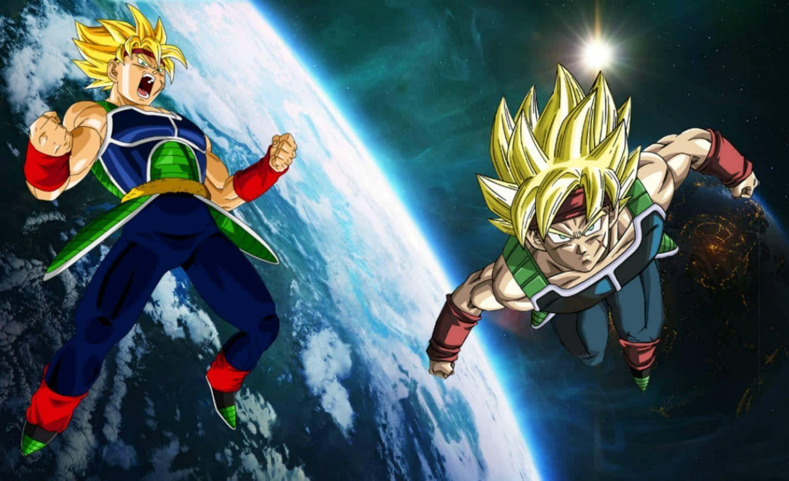 Bardock 桌布 壁紙 — 兩位超級撒亞人戰士在太空飛翔，背後的地球在明亮的星星下發光。