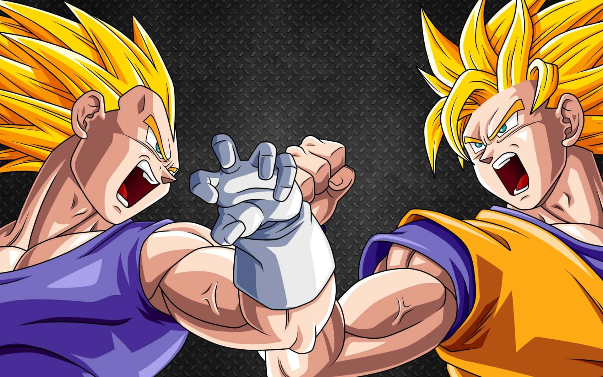 Dragon Ball Z Kai 桌布 壁紙 — 兩位超級撒亞人戰士在深色紋理背景上進行激烈的動畫戰鬥，拳頭相撞。