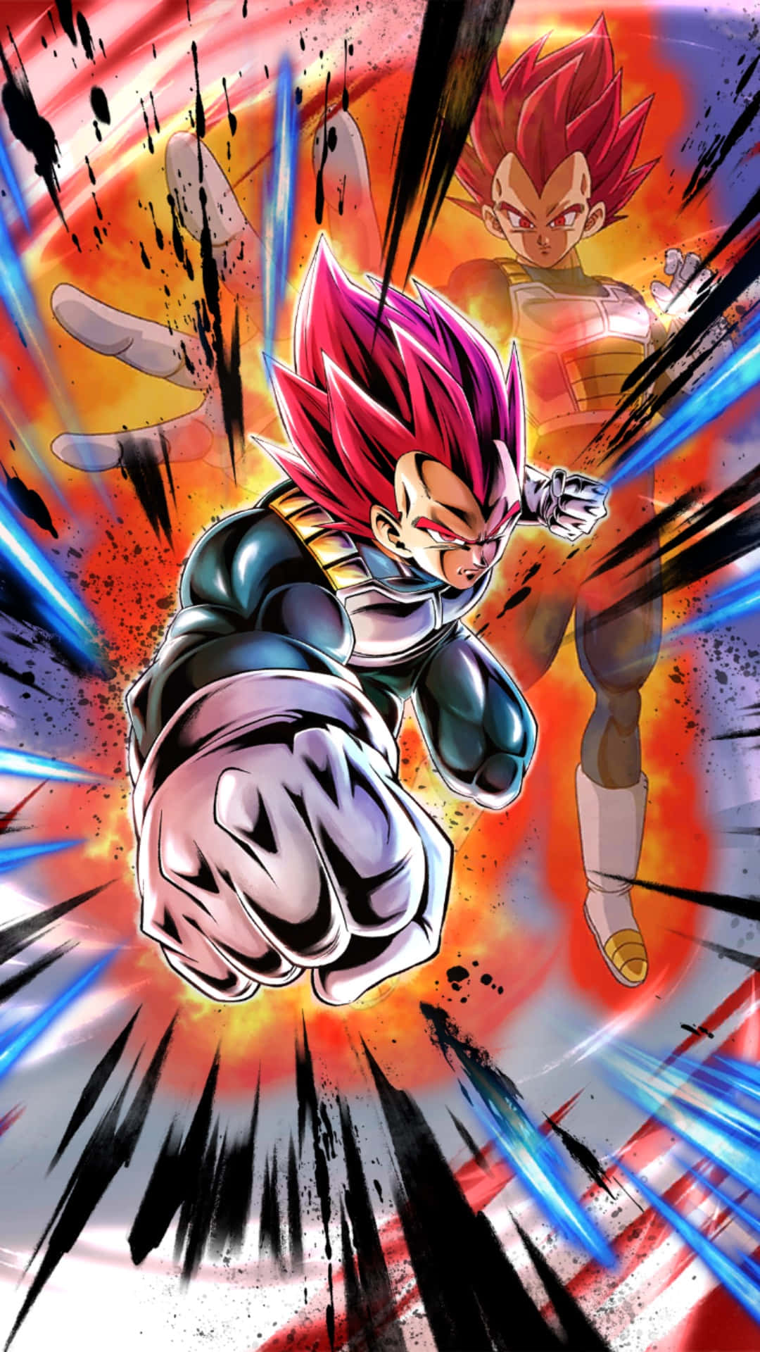 Vegeta Super Saiyan God 桌布 壁紙 — 兩位超級撒亞人神形態的撒亞人戰士，在熾熱的宇宙背景下釋放出爆炸性能量衝擊波。