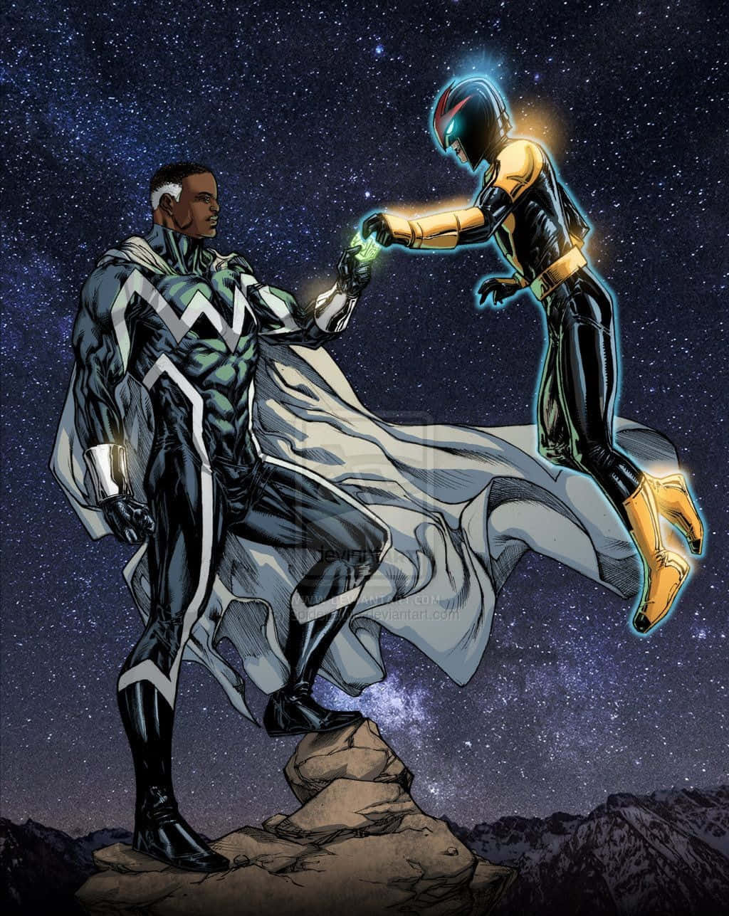 Blue Marvel 桌布 壁紙 — 兩位超級英雄以動感姿勢交換發光能量，背景是繁星點點的宇宙，下方有山峰。