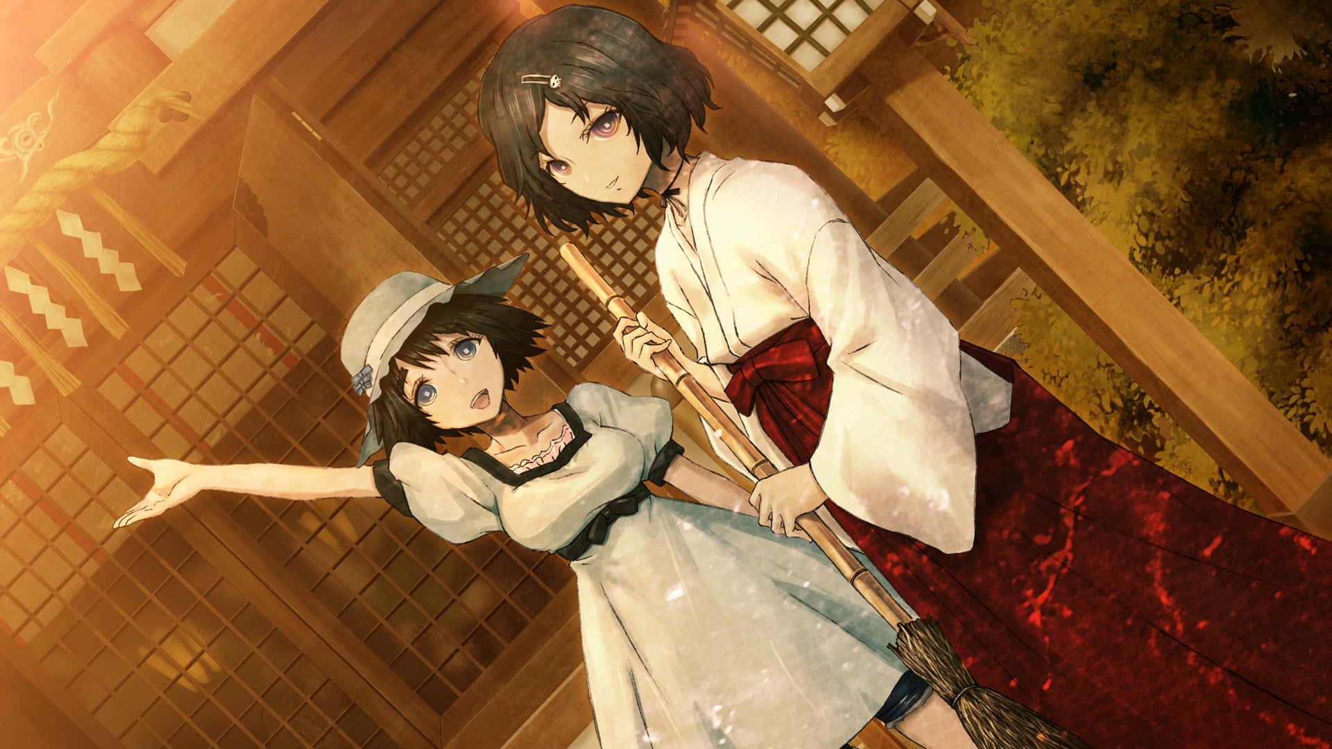 Ruka Urushibara 桌布 壁紙 — 兩位身穿傳統日本服飾的動漫女孩站在木製陽台上，秋葉在金色光芒中溫暖地閃耀。