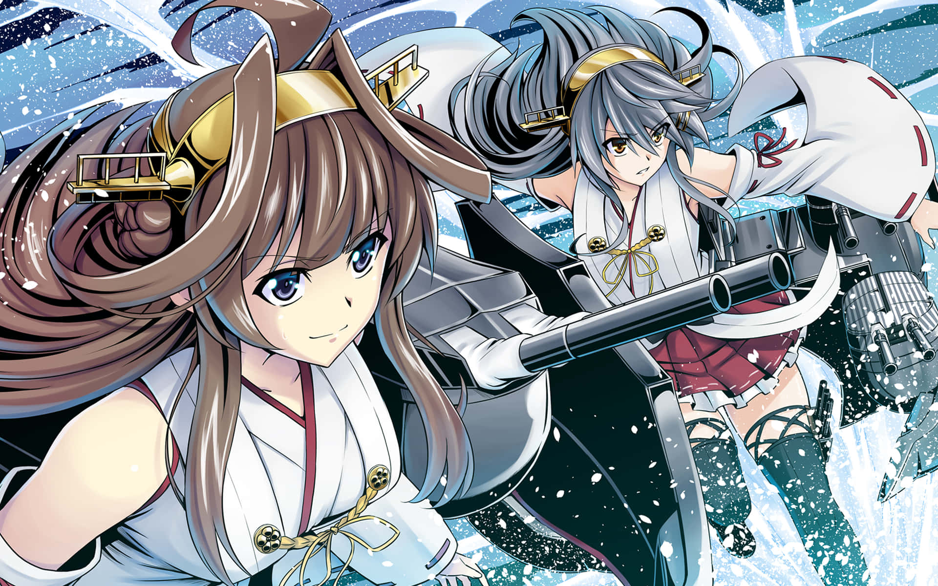 Kantai Collection 桌布 壁紙 — 兩位身穿傳統服裝的動漫少女在洶湧的海浪中用船炮戰鬥。