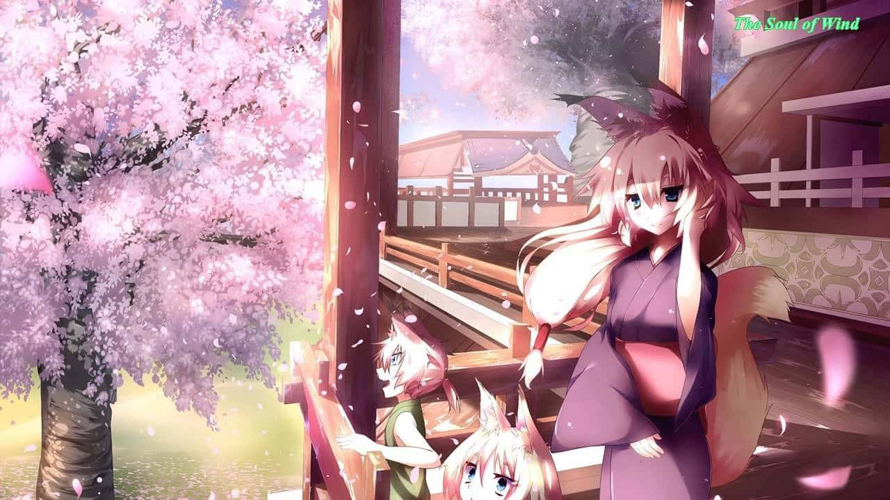 Relaxation 桌布 壁紙 — 兩位身穿傳統服飾的動漫少女站在盛開的櫻花樹下，旁邊是一座木橋，花瓣飄落。