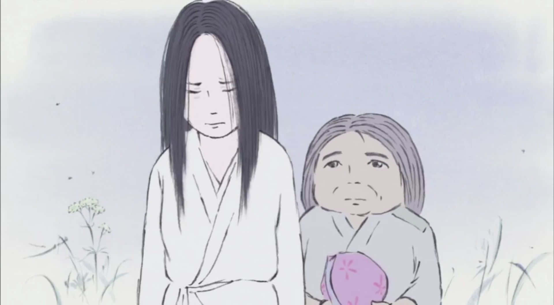 The Tale Of The Princess Kaguya 桌布 壁紙 — 兩位身穿傳統長袍的女性在蒼白的天空下莊嚴地站在高草叢中。