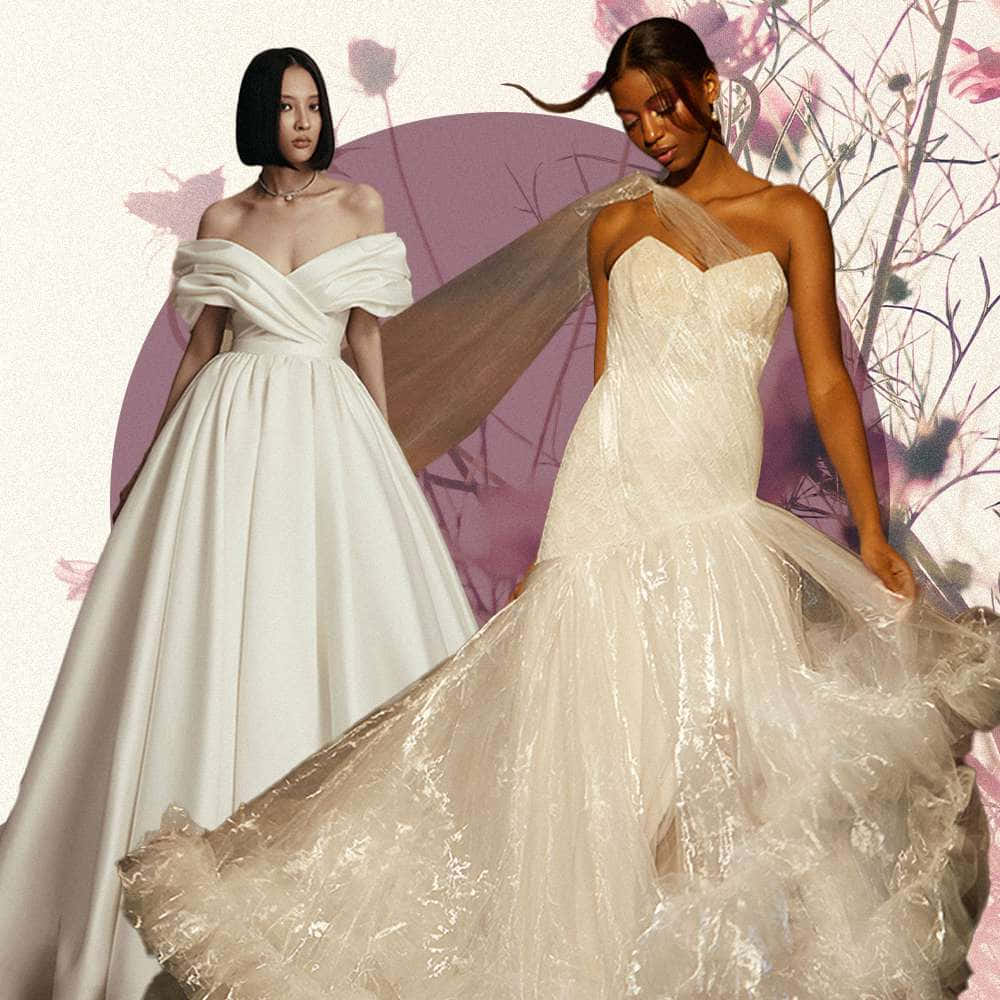 Beautiful Fashion 桌布 壁紙 — 兩位身穿優雅白色婚紗的女性站在柔和的紫色花卉背景前，帶有細膩的筆觸。