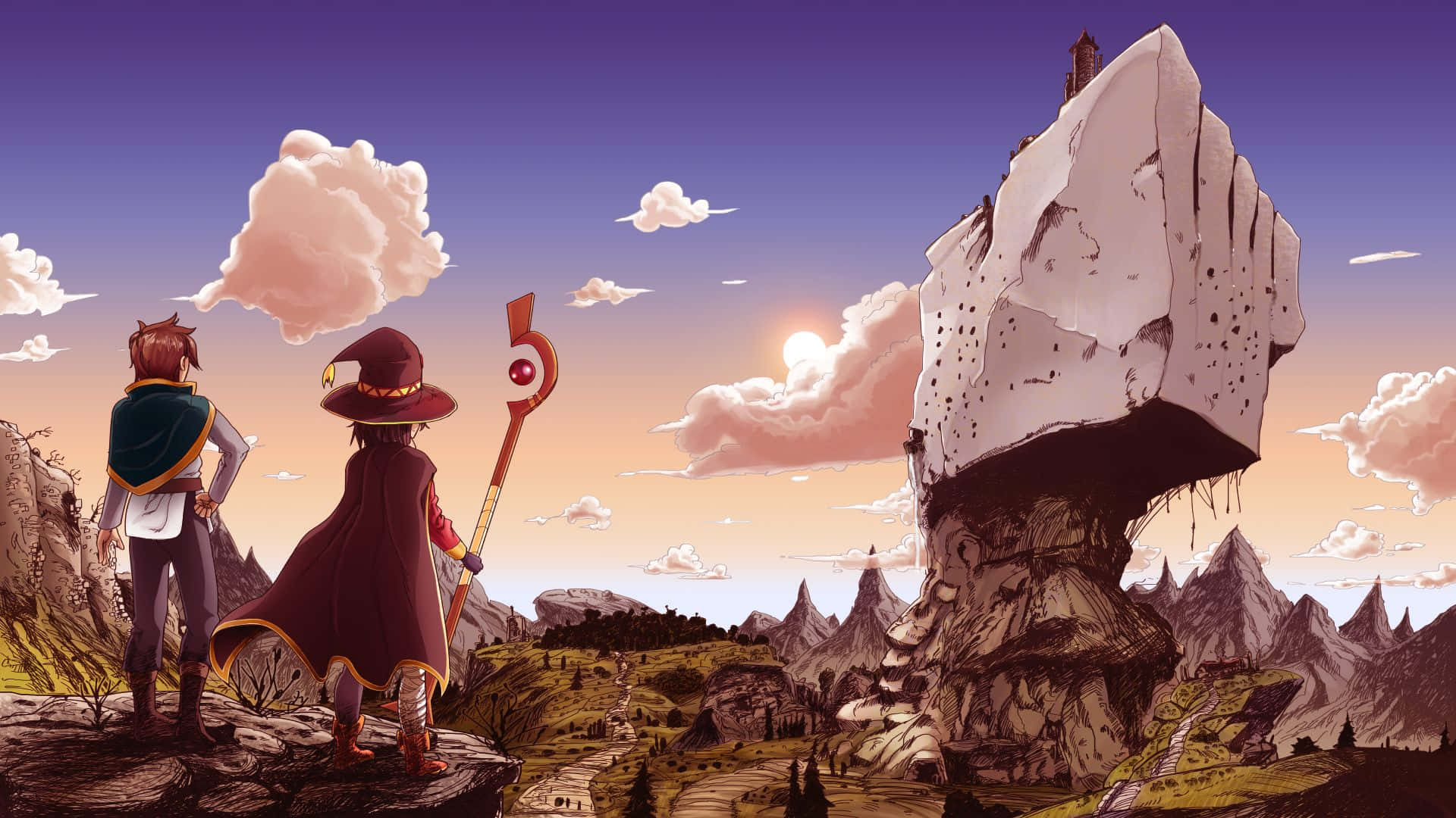 Konosuba God's Blessing On This Wonderful World 桌布 壁紙 — 兩位身穿奇幻服裝的冒險者站在懸崖上，俯瞰日落時分廣闊的山地景觀。