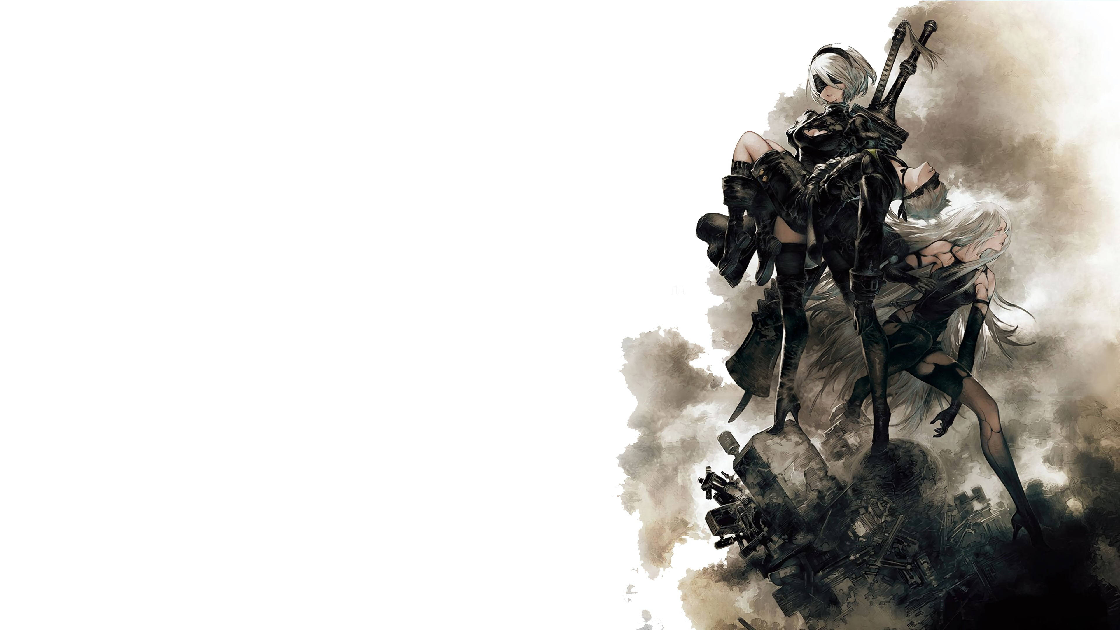 Nier Automata 4K 桌布 壁紙 — 兩位身穿暗色鎧甲的動漫風格女戰士，在純白背景前，站在瓦礫堆上，周圍煙霧繚繞。