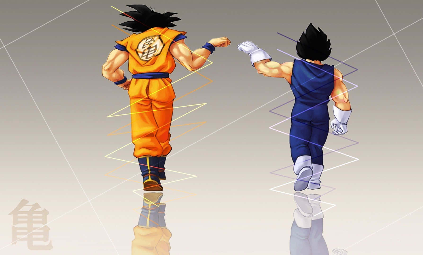 Vegeta And Goku 桌布 壁紙 — 兩位身穿橙色和藍色戰鬥裝備的動漫戰士背靠背站立，拳頭散發出能量線條，背景為簡約灰色。