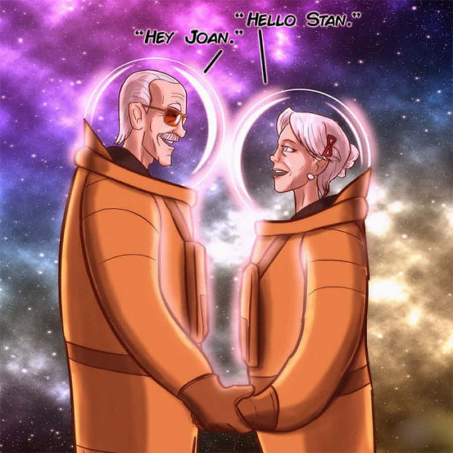 Stan Lee Tribute 桌布 壁紙 — 兩位身穿橙色太空衣、面帶微笑的太空人在充滿活力的紫色和金色星空背景下牽手，對話框寫著「Hey Joan」和「Hello Stan」。