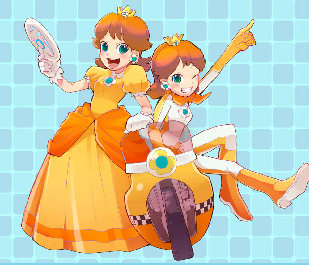 Princess Daisy 桌布 壁紙 — 兩位身穿橙色服裝的開心動畫公主，在淺藍色格仔背景上騎著滑板車。