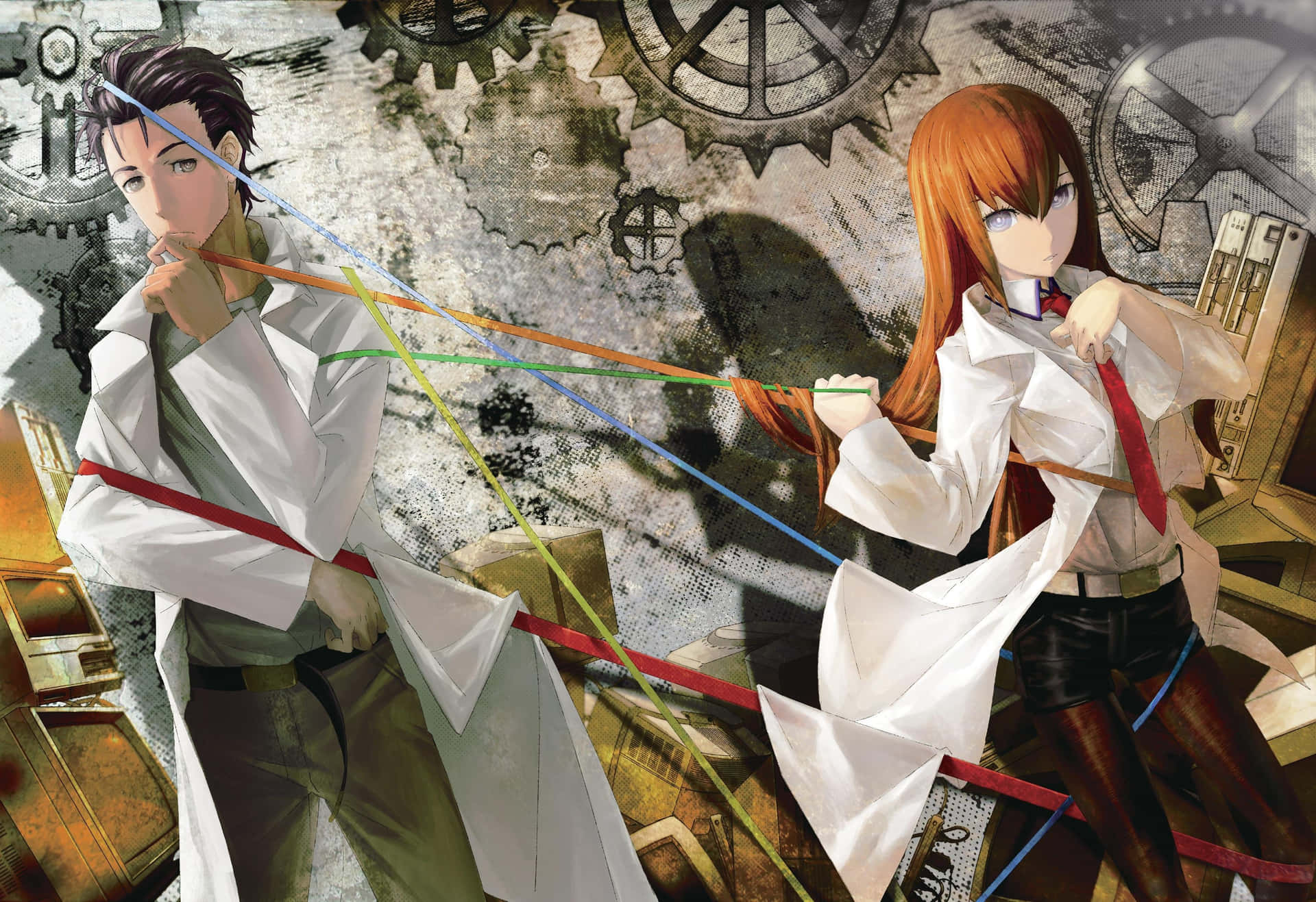 Steins Gate 桌布 壁紙 — 兩位身穿白袍的動畫科學家，在生鏽齒輪和機械碎片的背景下拉動彩色絲帶。