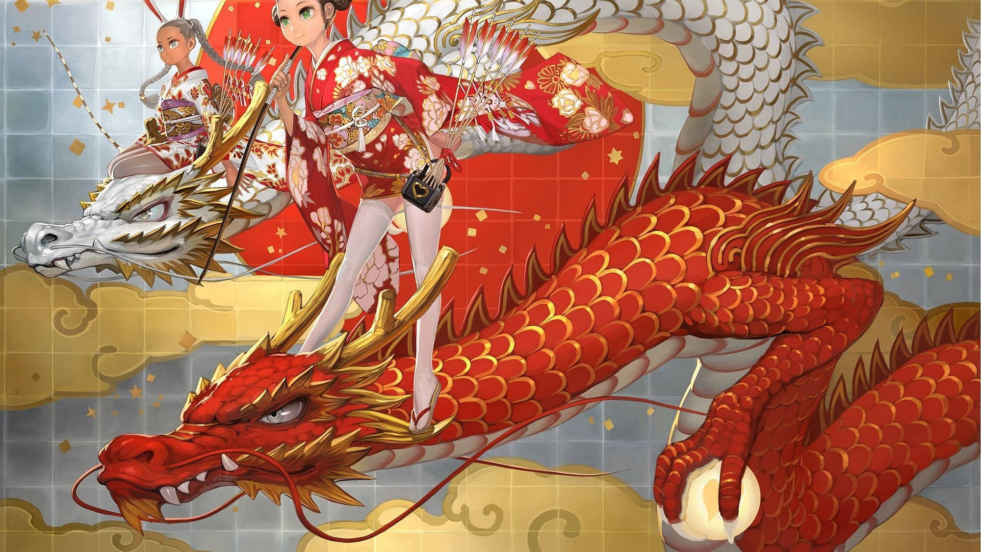 Japanese Dragon Pc 桌布 壁紙 — 兩位身穿紅色花卉和服的動漫女孩，在瓷磚天空的背景下，騎著雄偉的紅白龍穿過金色雲層。