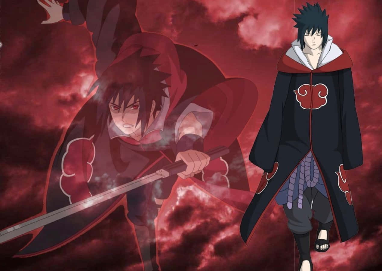 Akatsuki Naruto Shippuden 桌布 壁紙 — 兩位身穿紅雲斗篷的動漫戰士，在風暴般的深紅天空下，一人揮劍，另一人準備戰鬥。
