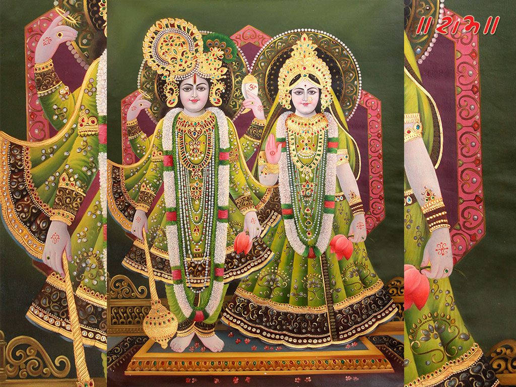 Lakshmi 桌布 壁紙 — 兩位身穿華麗綠色和金色服飾的神聖人物，優雅地站在基座上，背景為帶有複雜圖案的深色背景。
