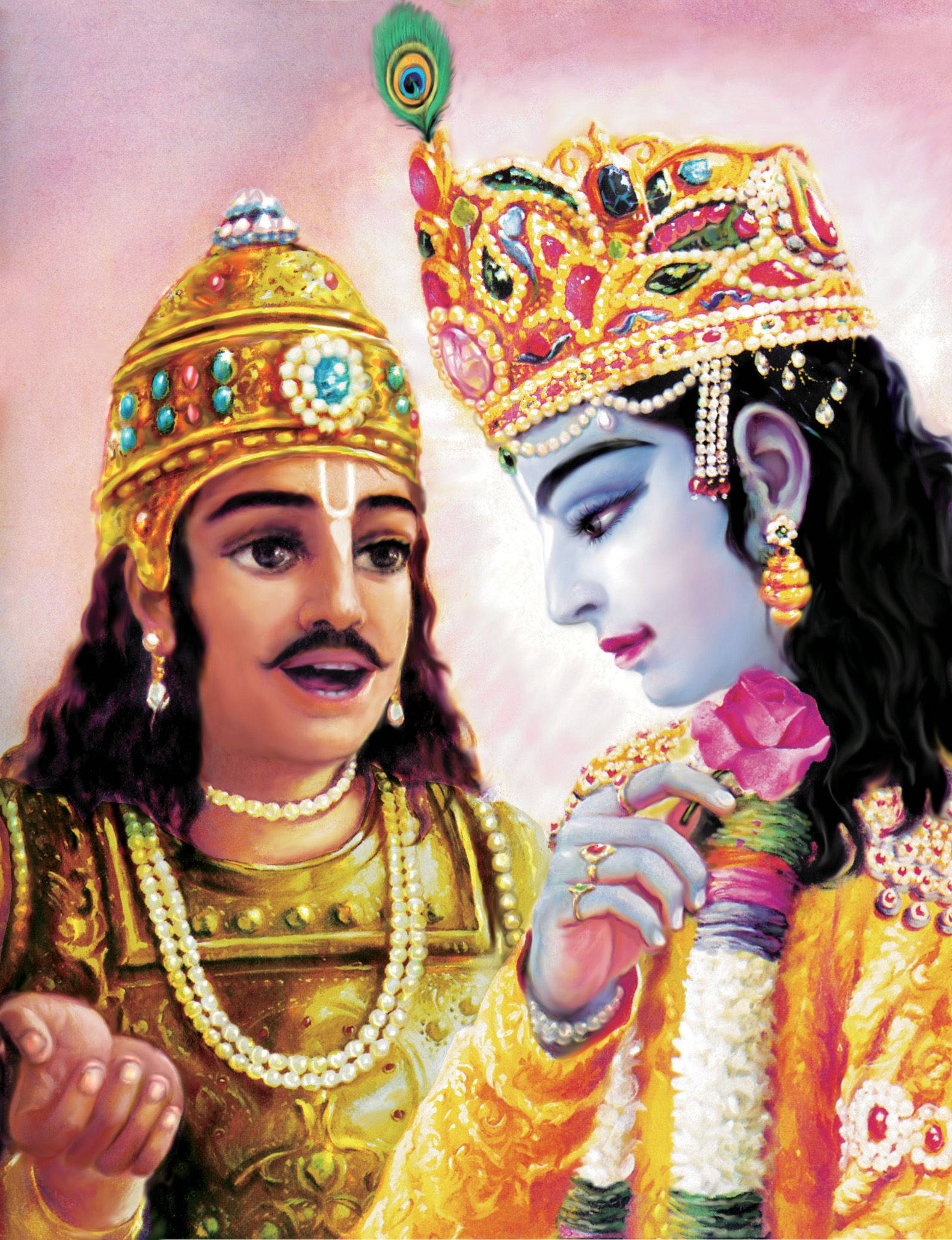 krishna phone 桌布 壁紙 — 兩位身穿華麗金色服飾的神聖人物在柔和的粉紅色背景下互相凝視，其中一位手持粉紅玫瑰。