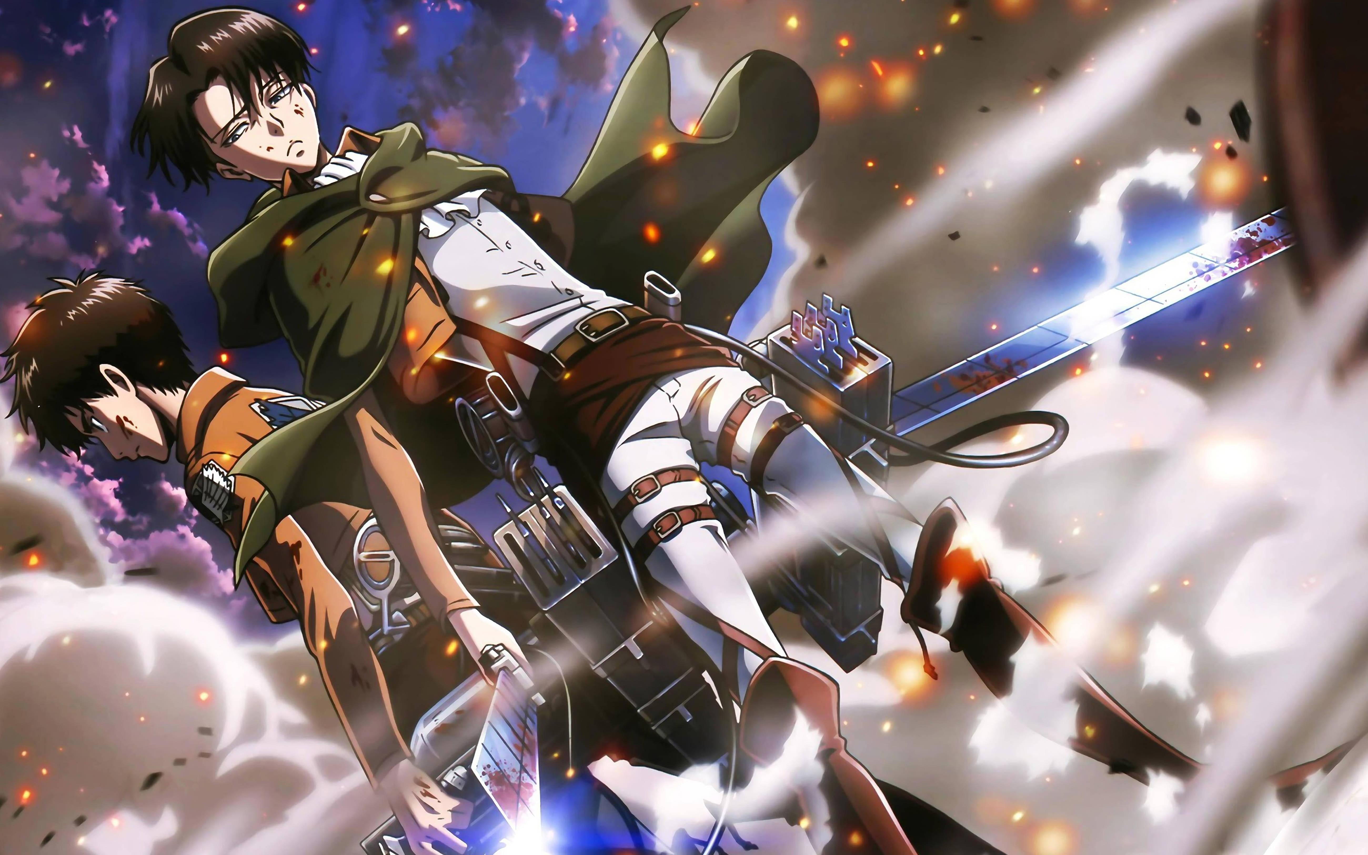 Levi 桌布 壁紙 — 兩位身穿裝備的動漫戰士在紫色天空下，於火花四濺和翻滾雲霧中揮劍交鋒。