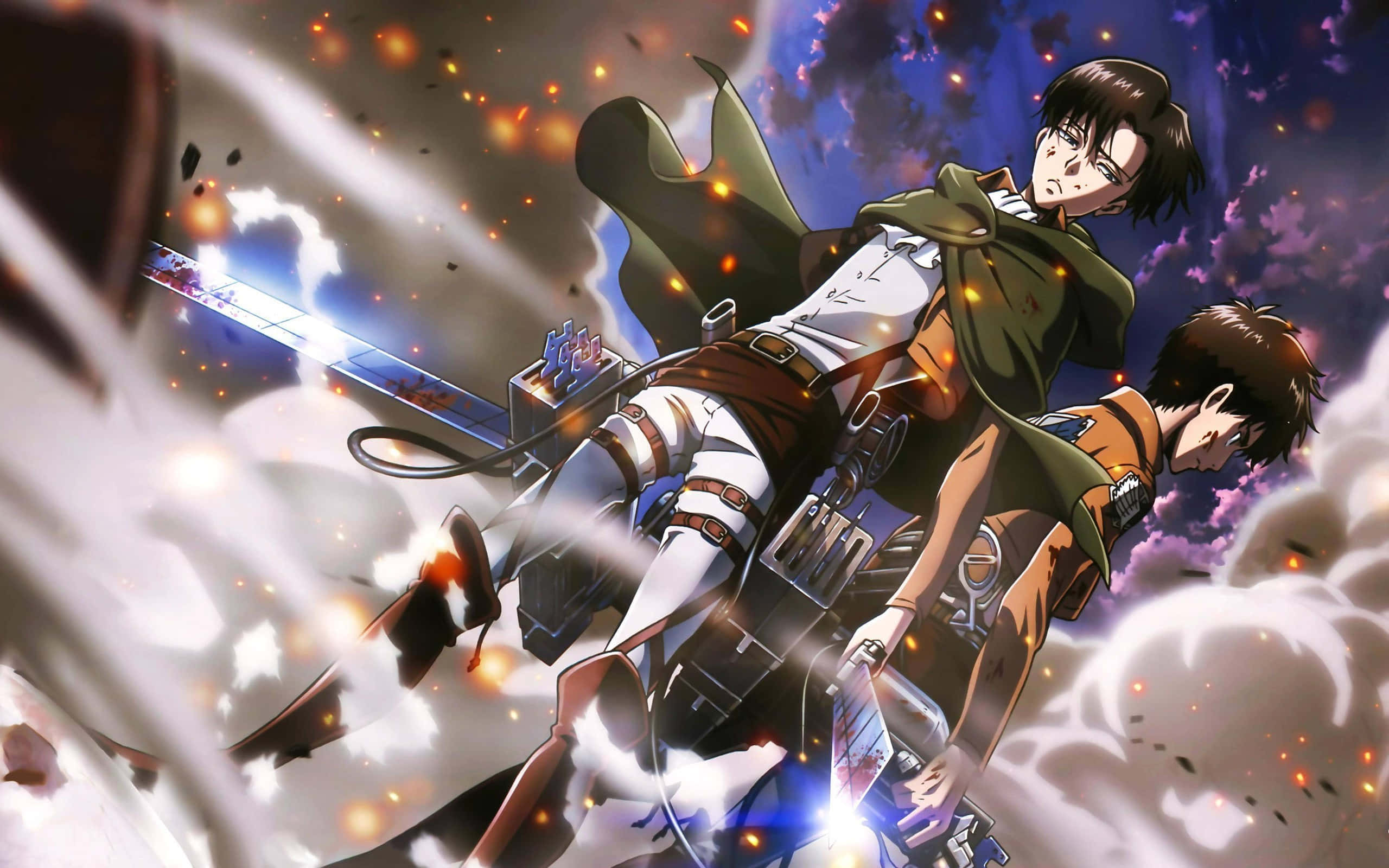 Levi Ackerman Desktop 桌布 壁紙 — 兩位身穿裝備的動漫戰士在黃昏天空下，於火花四濺和旋轉雲霧中以劍交鋒。