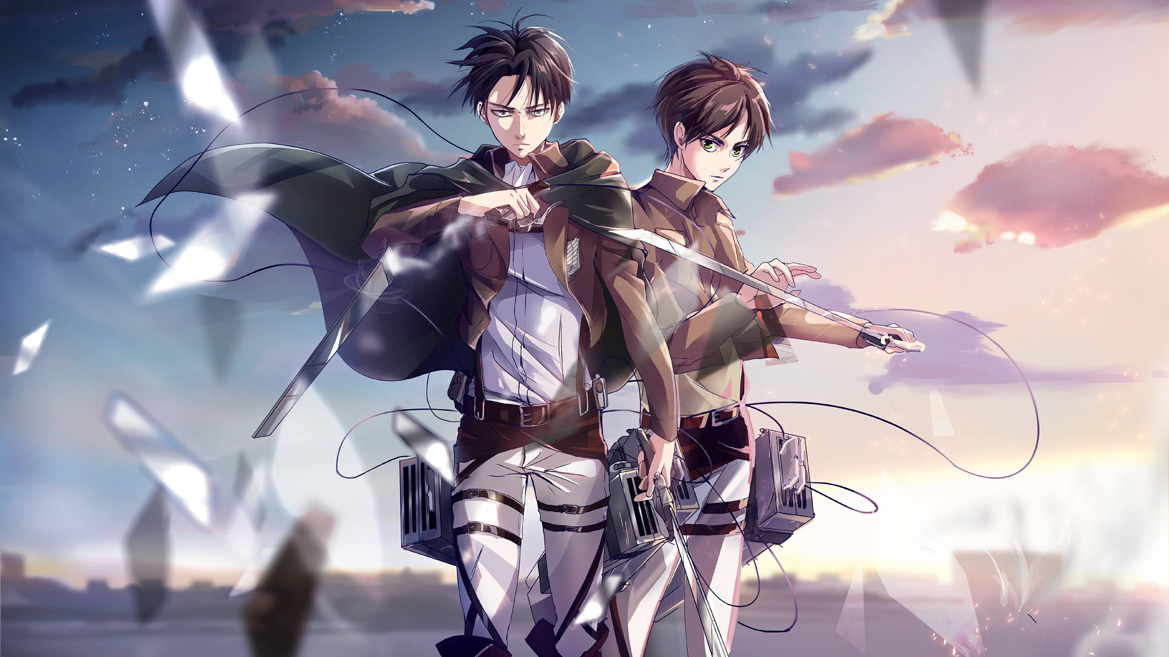 Levi 桌布 壁紙 — 兩位身穿裝備的動畫戰士在暮色天空下揮劍對抗漂浮的水晶碎片。