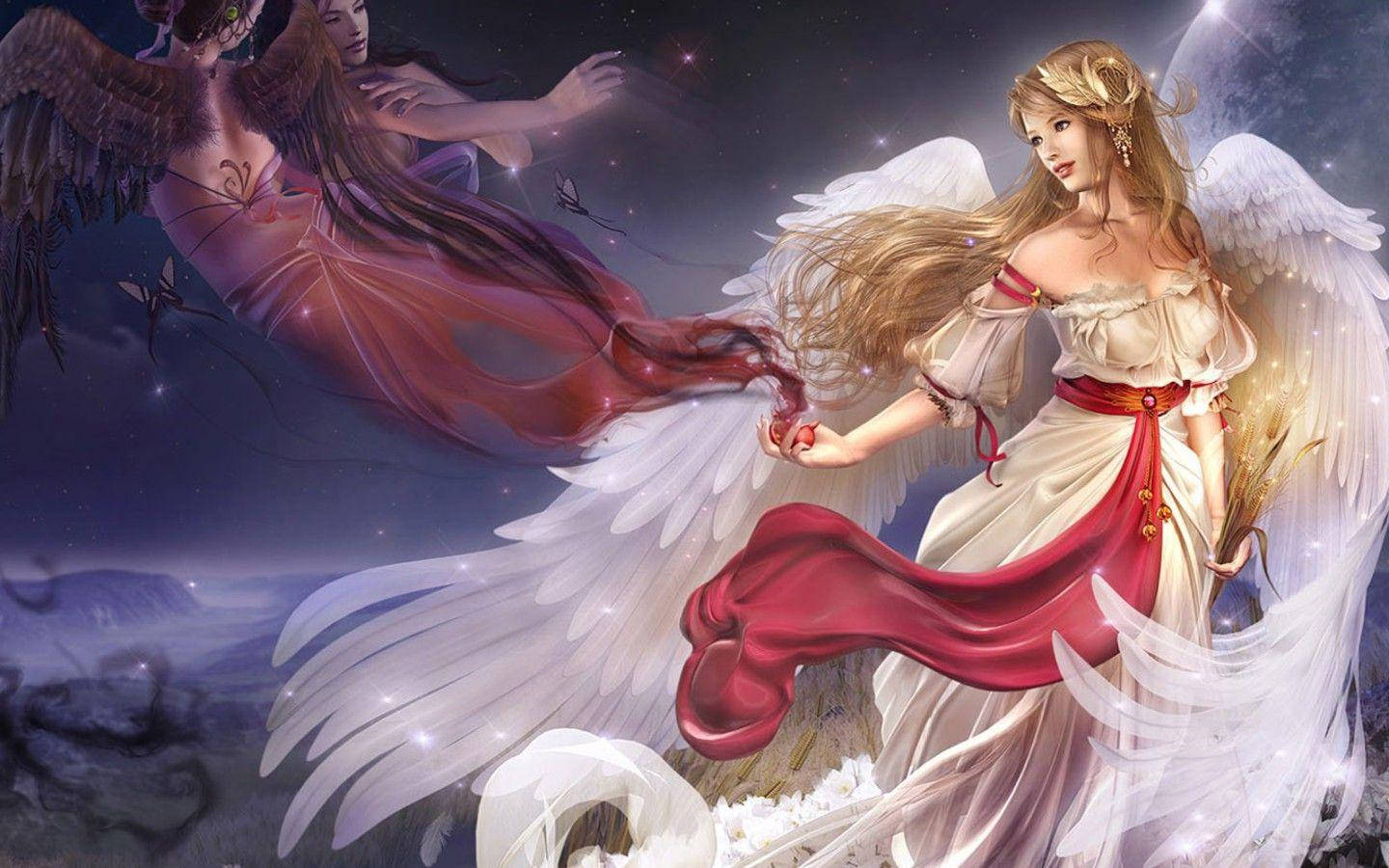 Beautiful Woman 桌布 壁紙 — 兩位身穿飄逸長袍、展開巨大翅膀的飄逸天使，在繁星點點的夜空中翱翔，背景是霧氣繚繞的山巒。