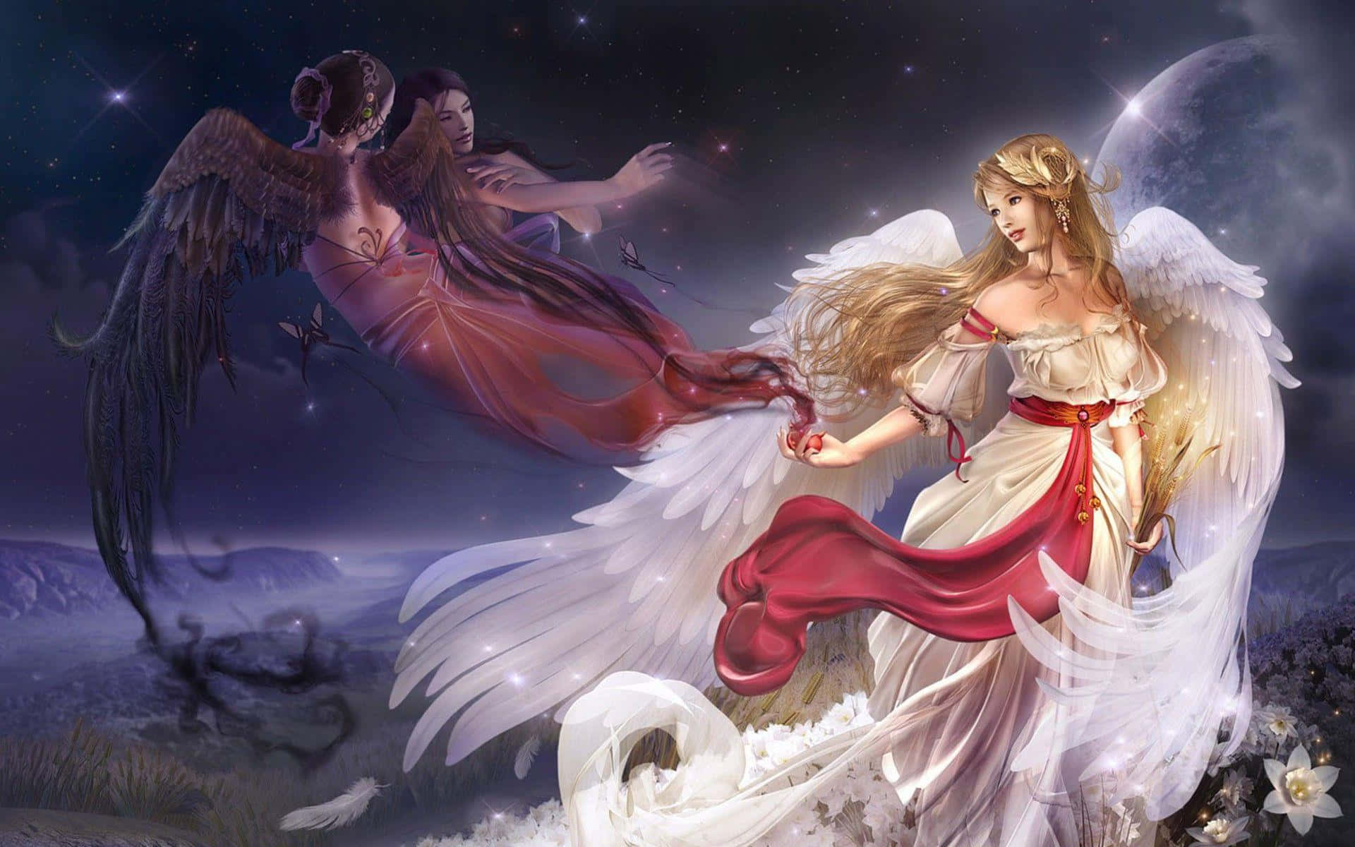 Virgo 桌布 壁紙 — 兩位身穿飄逸長袍、展開翅膀的飄逸天使，在神秘景觀上方的星空夜空中翱翔。