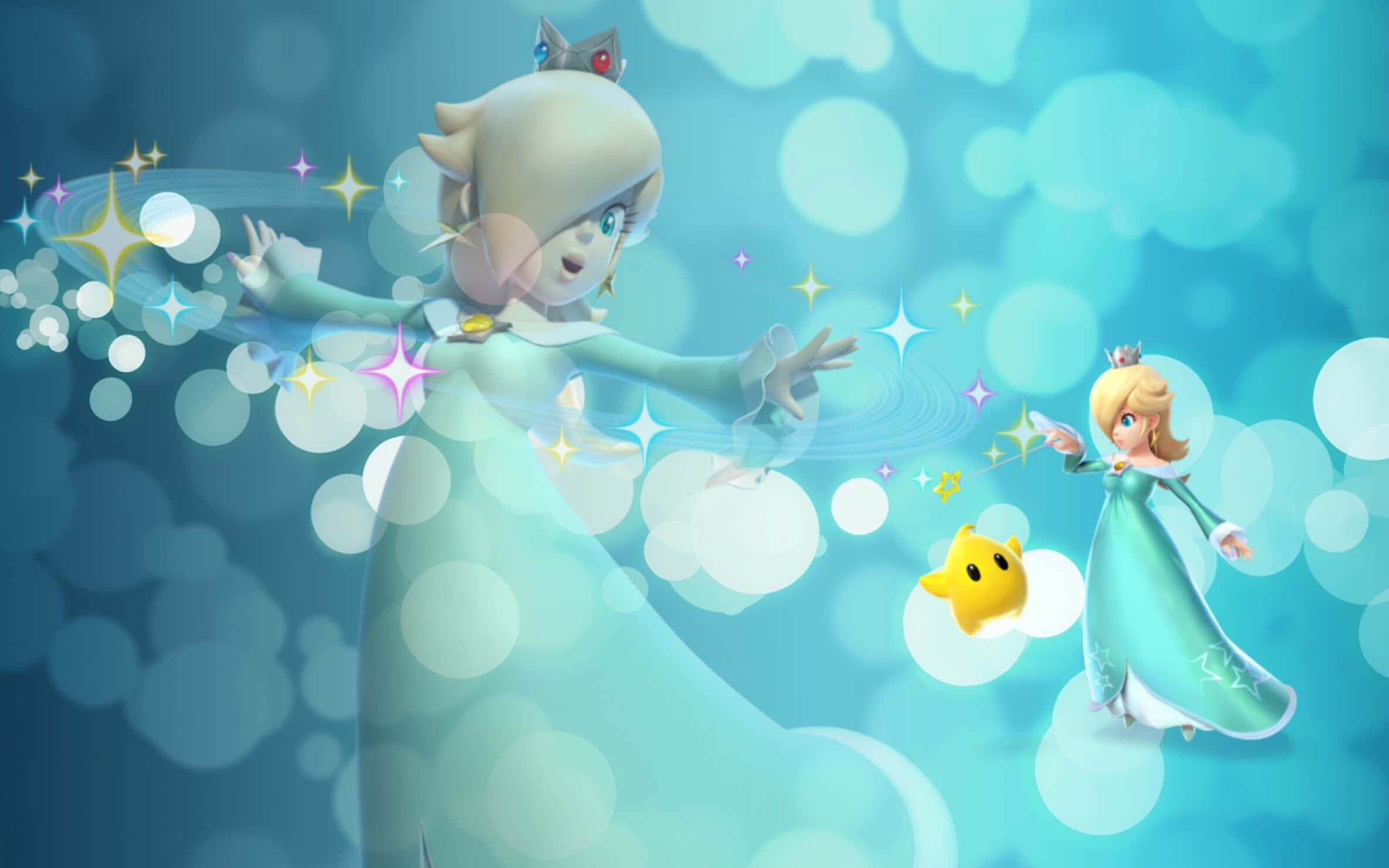 Princess Rosalina 桌布 壁紙 — 兩位身穿飄逸青綠色長裙的公主，在夢幻藍色背景中，漂浮在閃爍的星星和柔和散景之間。