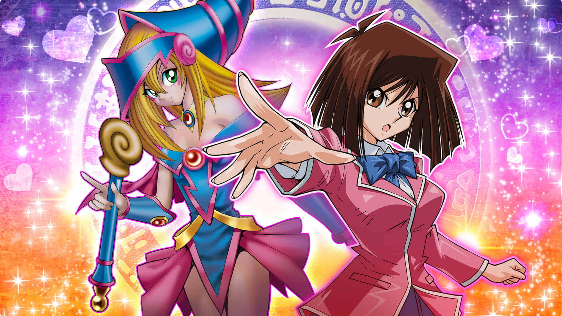 Tea Gardner 桌布 壁紙 — 兩位身穿魔法服裝的動漫女孩在閃爍的漸變背景上動態擺姿勢，背景有心形和發光效果。