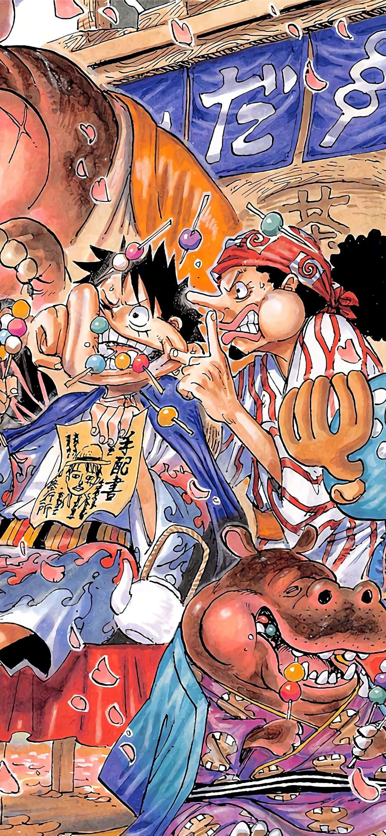 Manga Characters 桌布 壁紙 — 兩位身穿鮮豔傳統服飾的動漫海盜，在混亂的節日場景中激烈爭奪糖果。