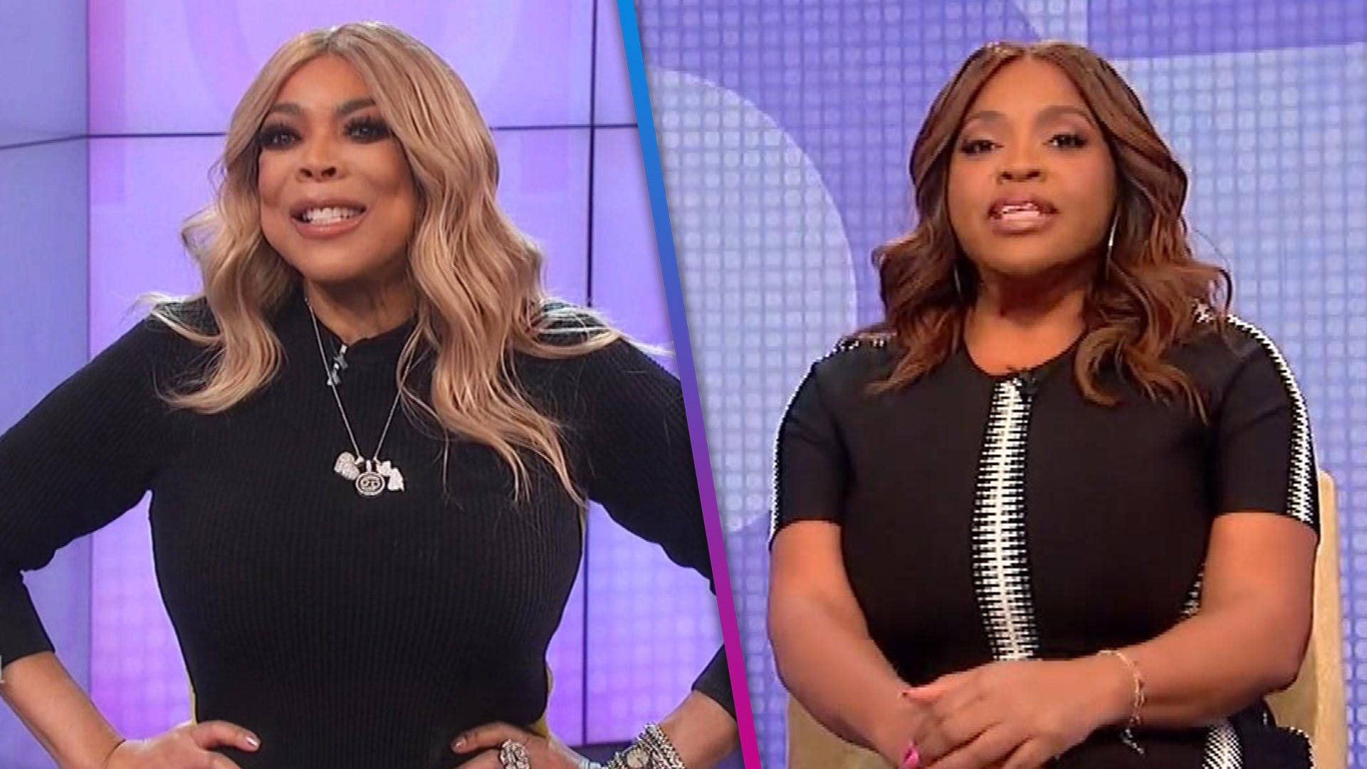 Wendy Williams And Successor 壁紙 — 兩位身穿黑色服裝的女性在紫色網格背景的脫口秀舞台上自信地擺姿勢。