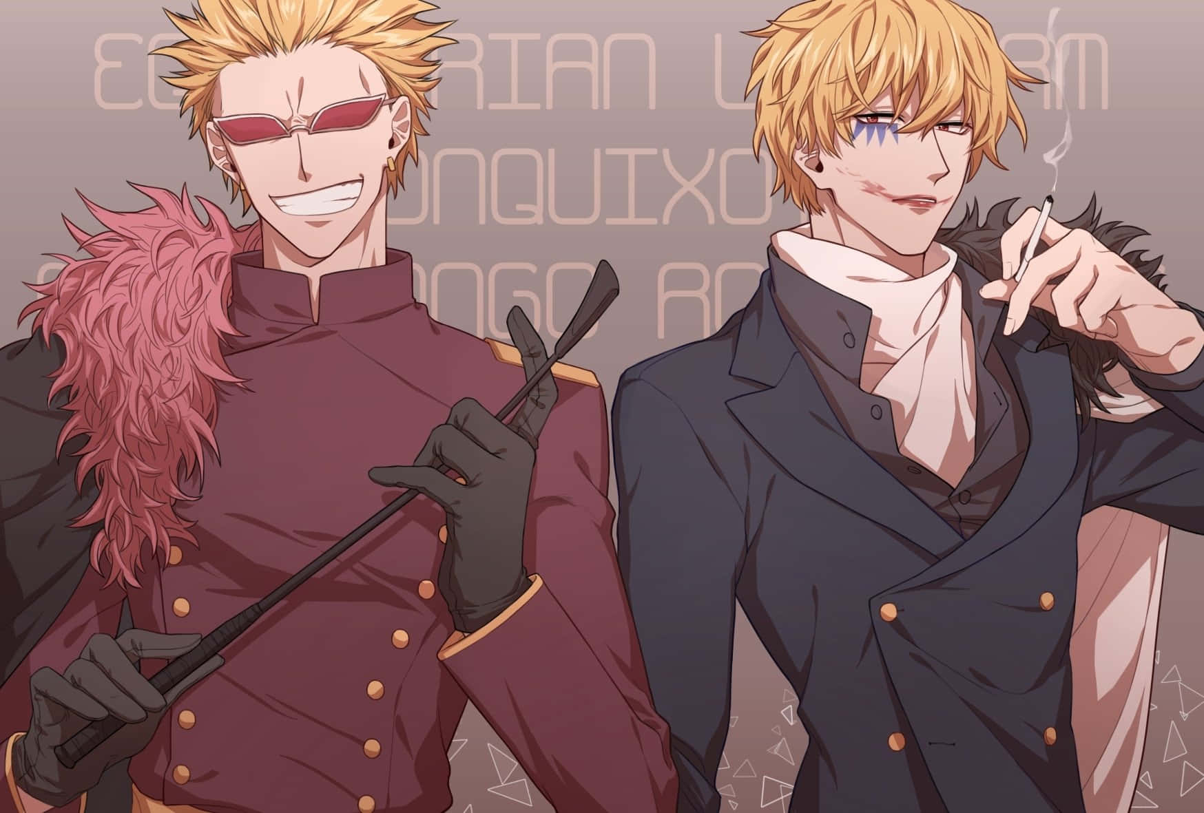 Donquixote Family 桌布 壁紙 — 兩位金髮動漫男子，一位身穿栗色外套手持手杖，另一位身穿黑色西裝吸煙，背景為褪色文字。