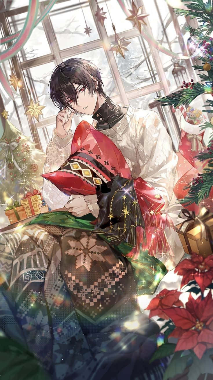 身穿節日服裝的年輕動漫男子，在雪窗旁被聖誕裝飾和禮物環繞。