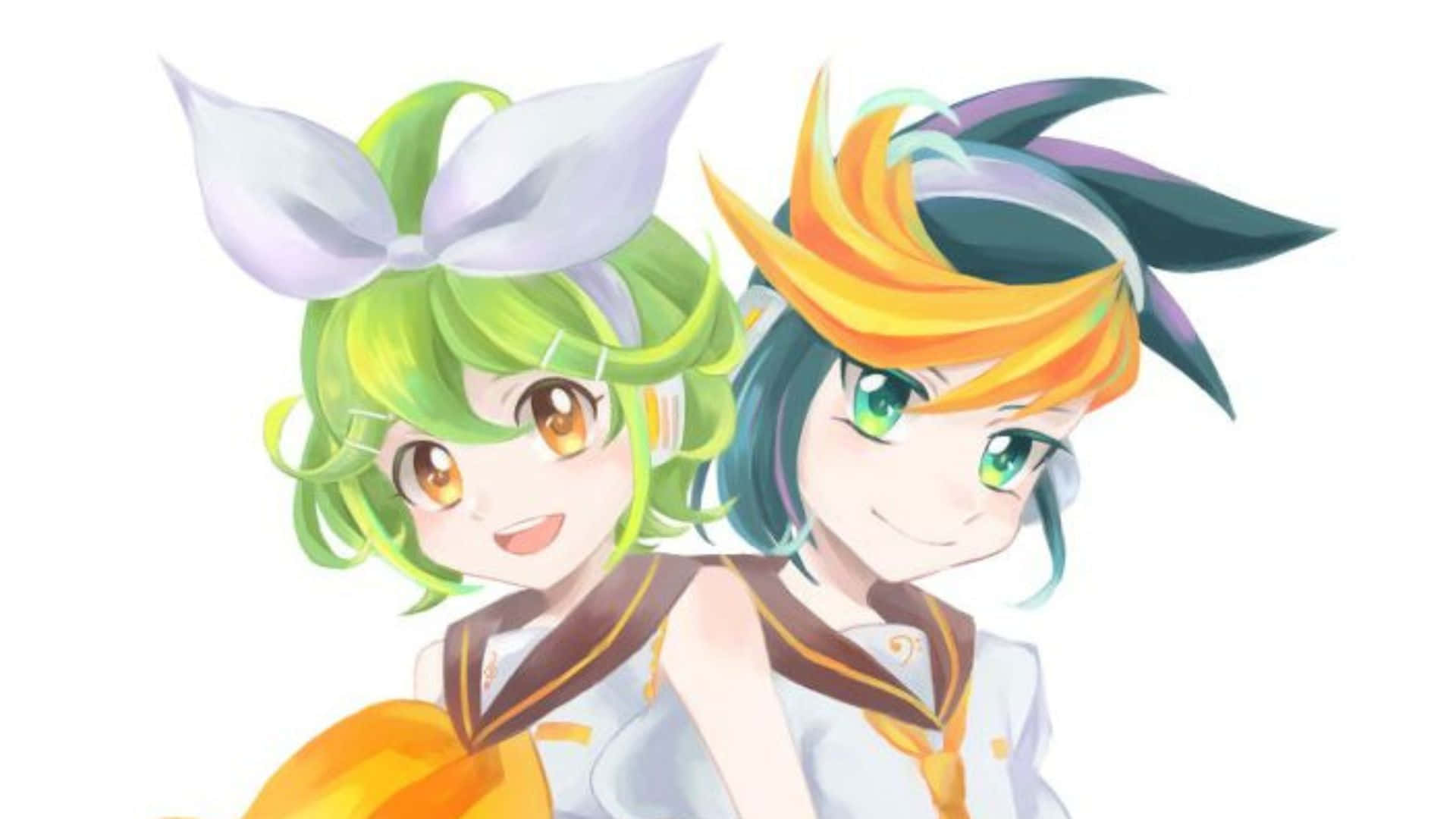 Yu-gi-oh Yugo 桌布 壁紙 — 兩位開朗的動漫女孩，擁有鮮豔的綠色和橙色頭髮，在純白色背景前微笑。