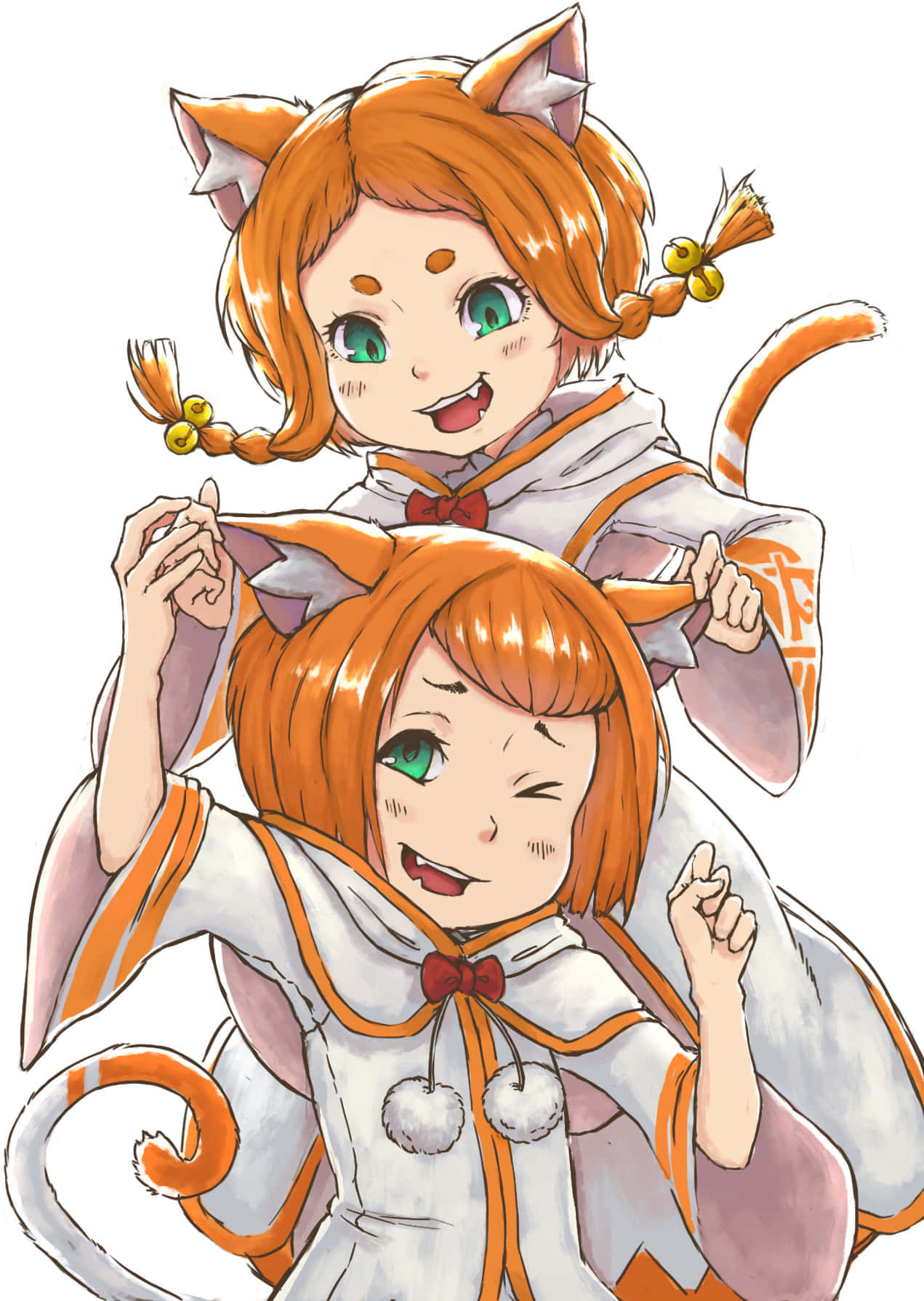Mimi Pearlbaton 桌布 壁紙 — 兩位開朗的貓耳動漫女孩，擁有橙色頭髮和綠色眼睛，在明亮的白色背景上俏皮互動。