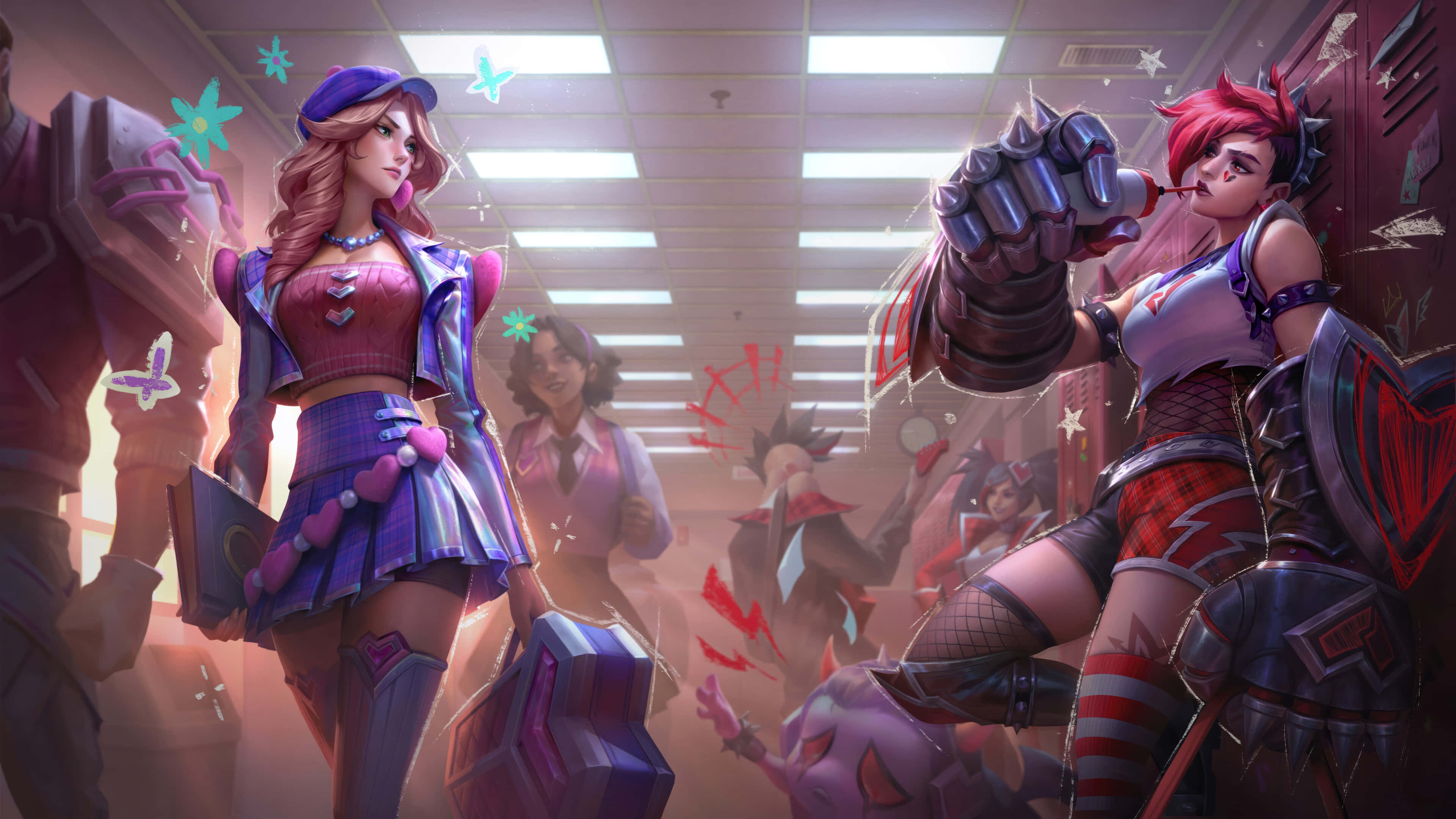 League Of Legends Champions 桌布 壁紙 — 兩位風格化的女戰士在充滿活力的學校走廊中碰撞，帶有發光效果和動態姿勢。